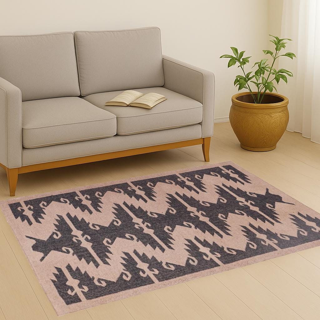 Handwoven Beige with Black/White Design Wool Jute Kilim Dhurrie, 8 X 10 Feet Beige Black Wool Jute berber rug Moroccan area rug