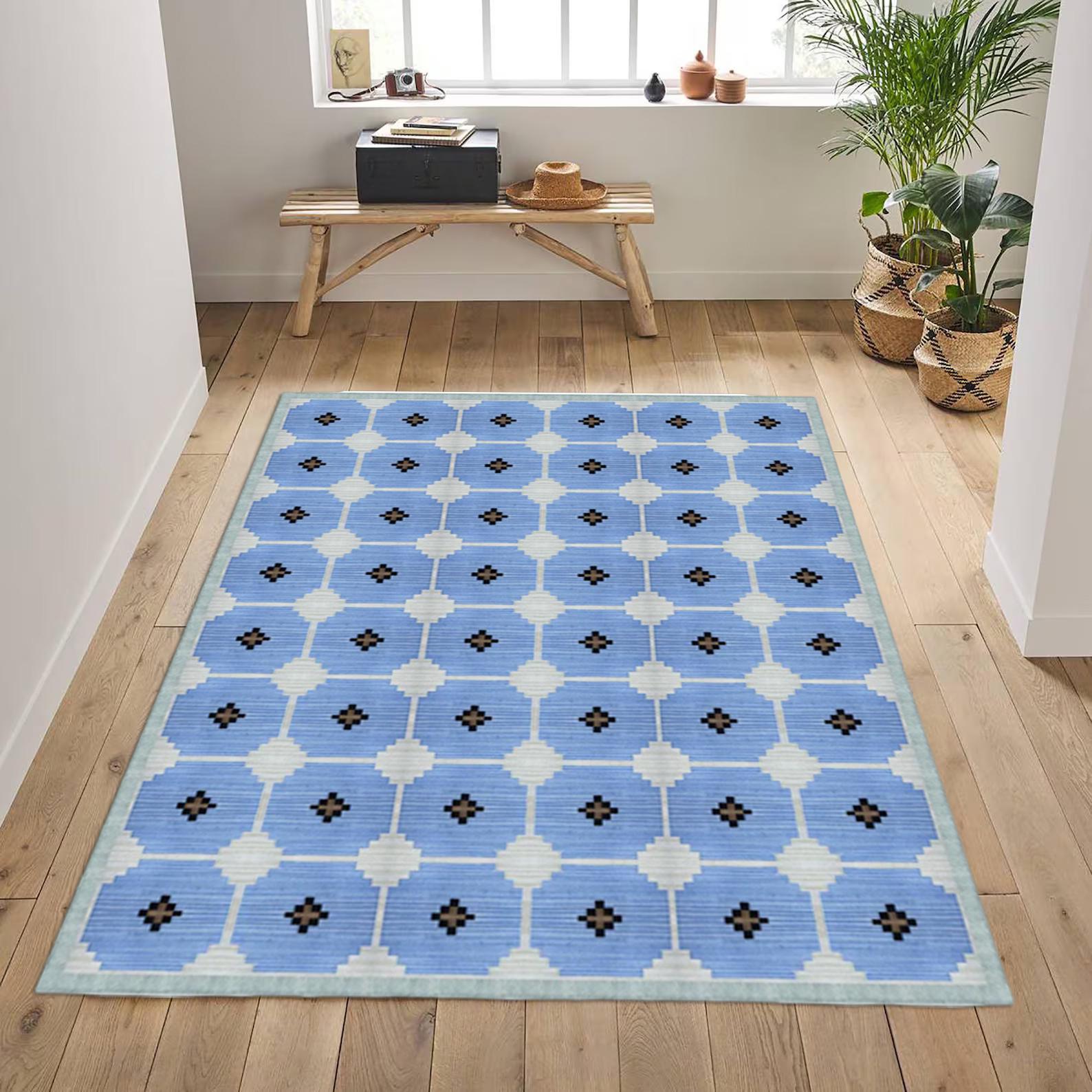 Cotton Rug for Living Area - Soft Durable Carpet, Boho Home Decor, Cozy Floor Mat for Living Room & Lounge Reversible Carpet