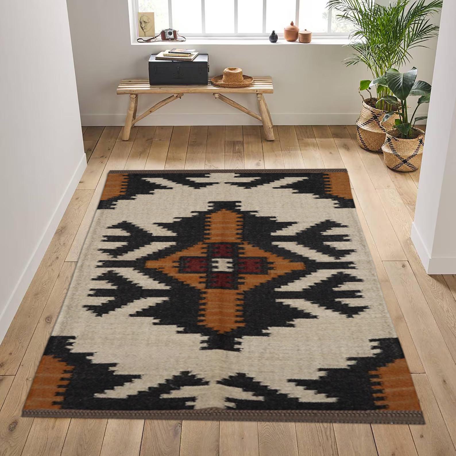 Handmade Wool & Jute Kilim Dhurrie Rug - Traditional Indian Wool Jute Rugs for Home Decor