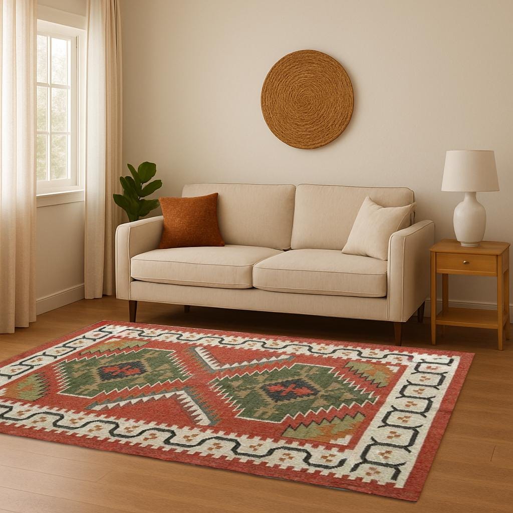 Handmade Wool and Jute Rug - Kilim Dhurrie Traditional Indian Floor Decor, Durable Natural Fiber Carpet, Boho Area Rug