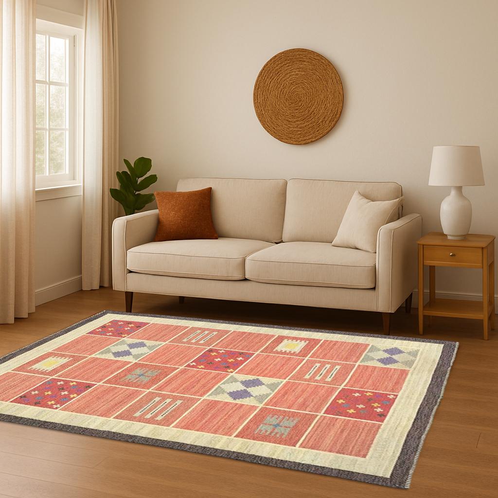 Orange Kilim Rug Handwoven Flatweave Carpet Bohemian Area Rug Vintage Moroccan Style Floor Decor