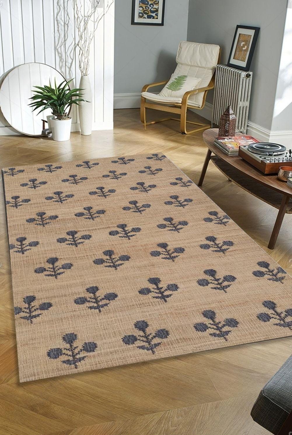 10x14 Jute Rug, Ivory Flower Natural Jute Rug, Wool Hand Woven Premium Quality Boho Style Area Rug, High Quality Natural Jute Carpet
