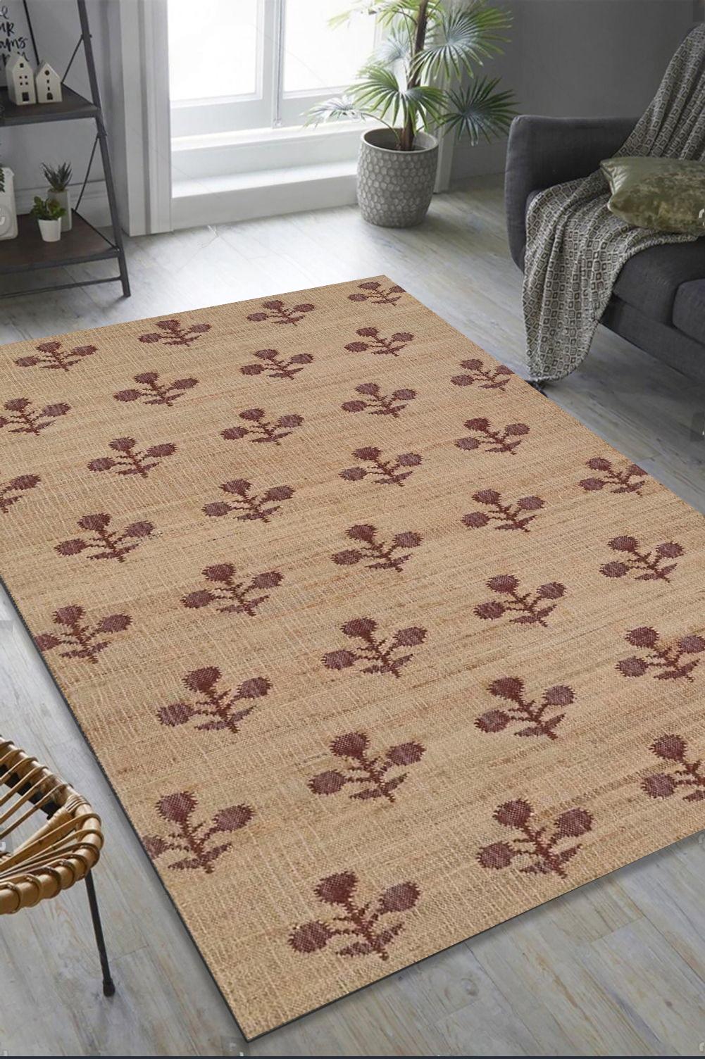 10x14 Jute Rug, Ivory Flower Natural Jute Rug, Wool Hand Woven Premium Quality Boho Style Area Rug, High Quality Natural Jute Carpet