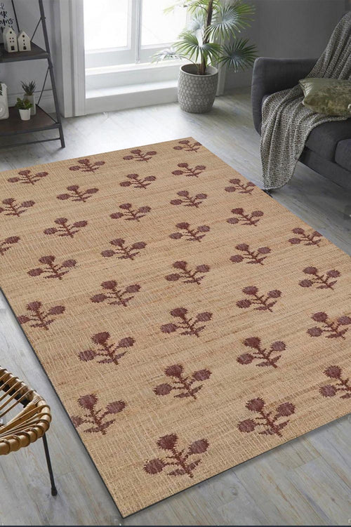 10x14 Jute Rug, Ivory Flower Natural Jute Rug, Wool Hand Woven Premium Quality Boho Style Area Rug, High Quality Natural Jute Carpet