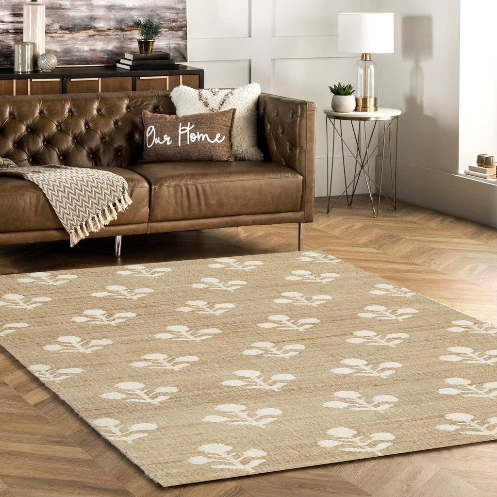 10x14 Jute Rug, Ivory Flower Natural Jute Rug, Wool Hand Woven Premium Quality Boho Style Area Rug, High Quality Natural Jute Carpet