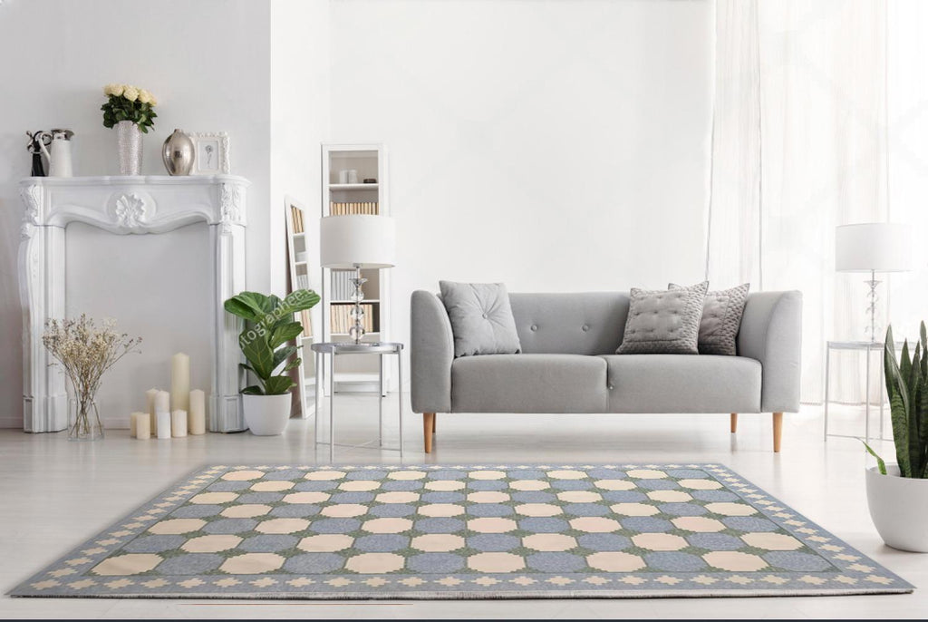 Modern Handwoven Cotton Area Rug – Geometric Flat Weave Kilim, Soft Pastel Blue & Beige, Reversible Dhurrie, Eco-Friendly 8x10 ft