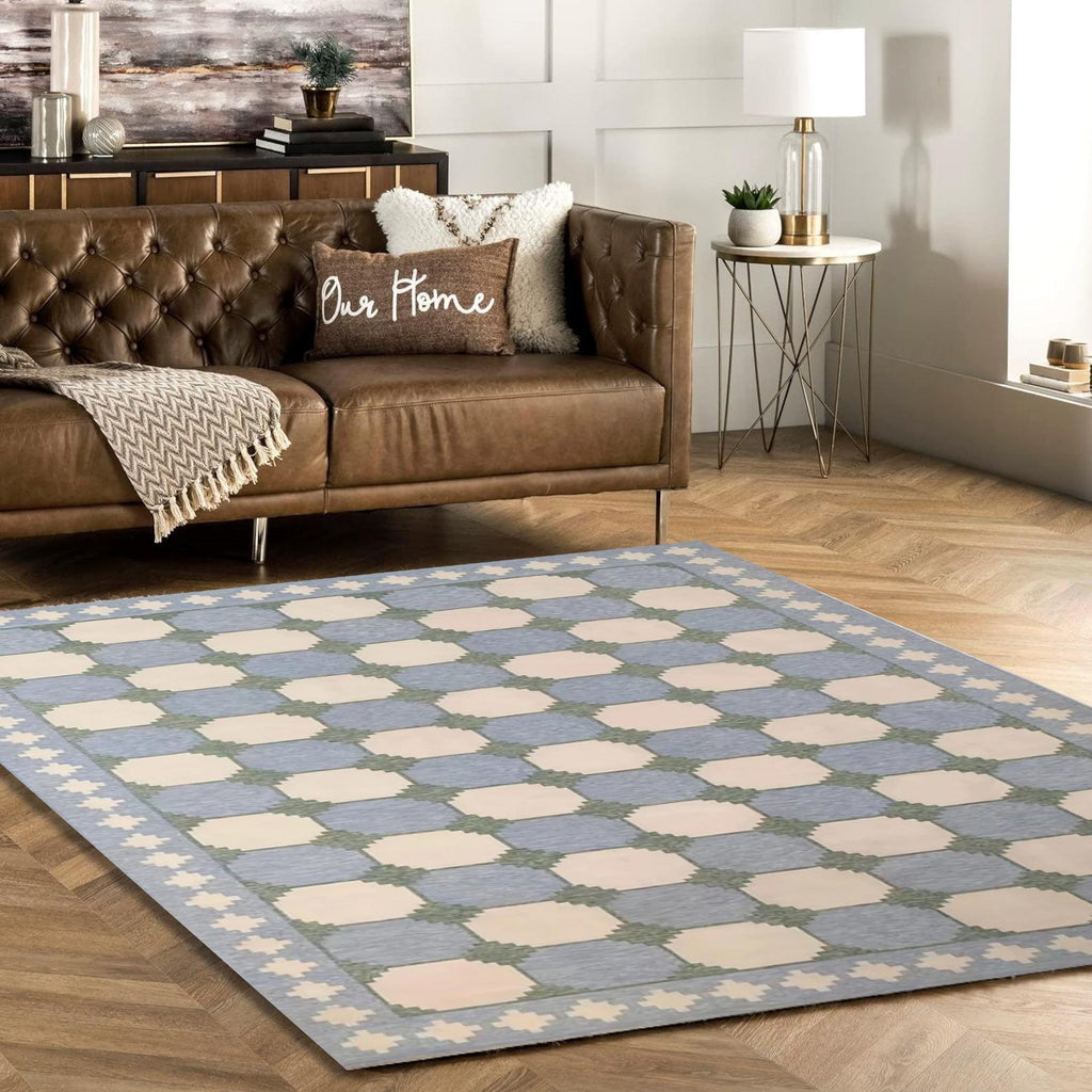 Modern Handwoven Cotton Area Rug – Geometric Flat Weave Kilim, Soft Pastel Blue & Beige, Reversible Dhurrie, Eco-Friendly 8x10 ft