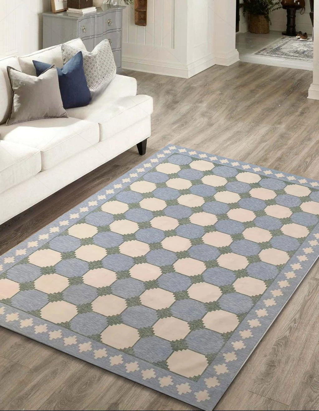 Modern Handwoven Cotton Area Rug – Geometric Flat Weave Kilim, Soft Pastel Blue & Beige, Reversible Dhurrie, Eco-Friendly 8x10 ft