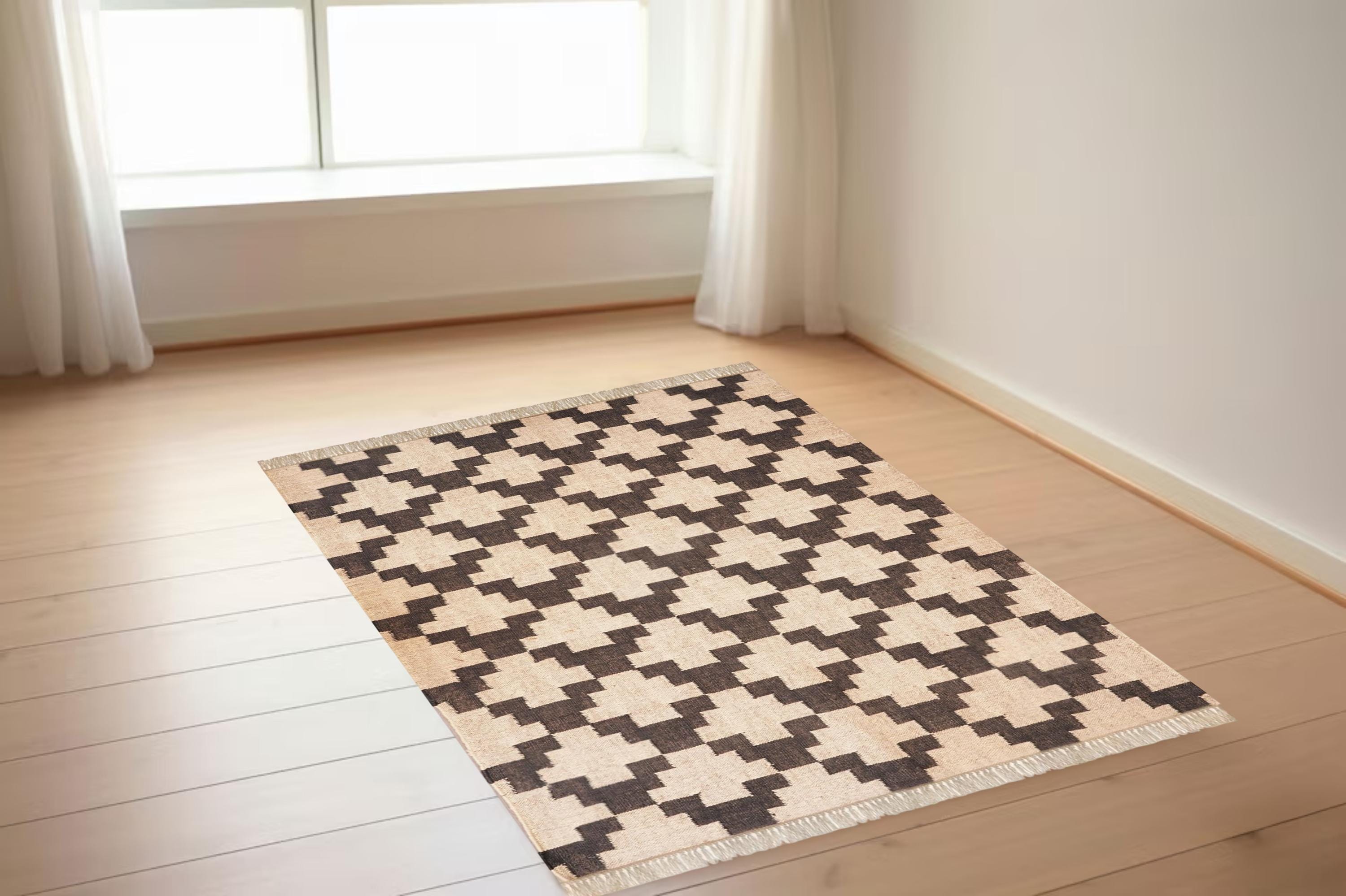 Handwoven Kilim Rug, Indian Dhurrie Rug, Black White Area Rug, Custom Size Carpet, Boho Floor Rug, Rectangle Flatweave Rug, Ethnic Decor Rug