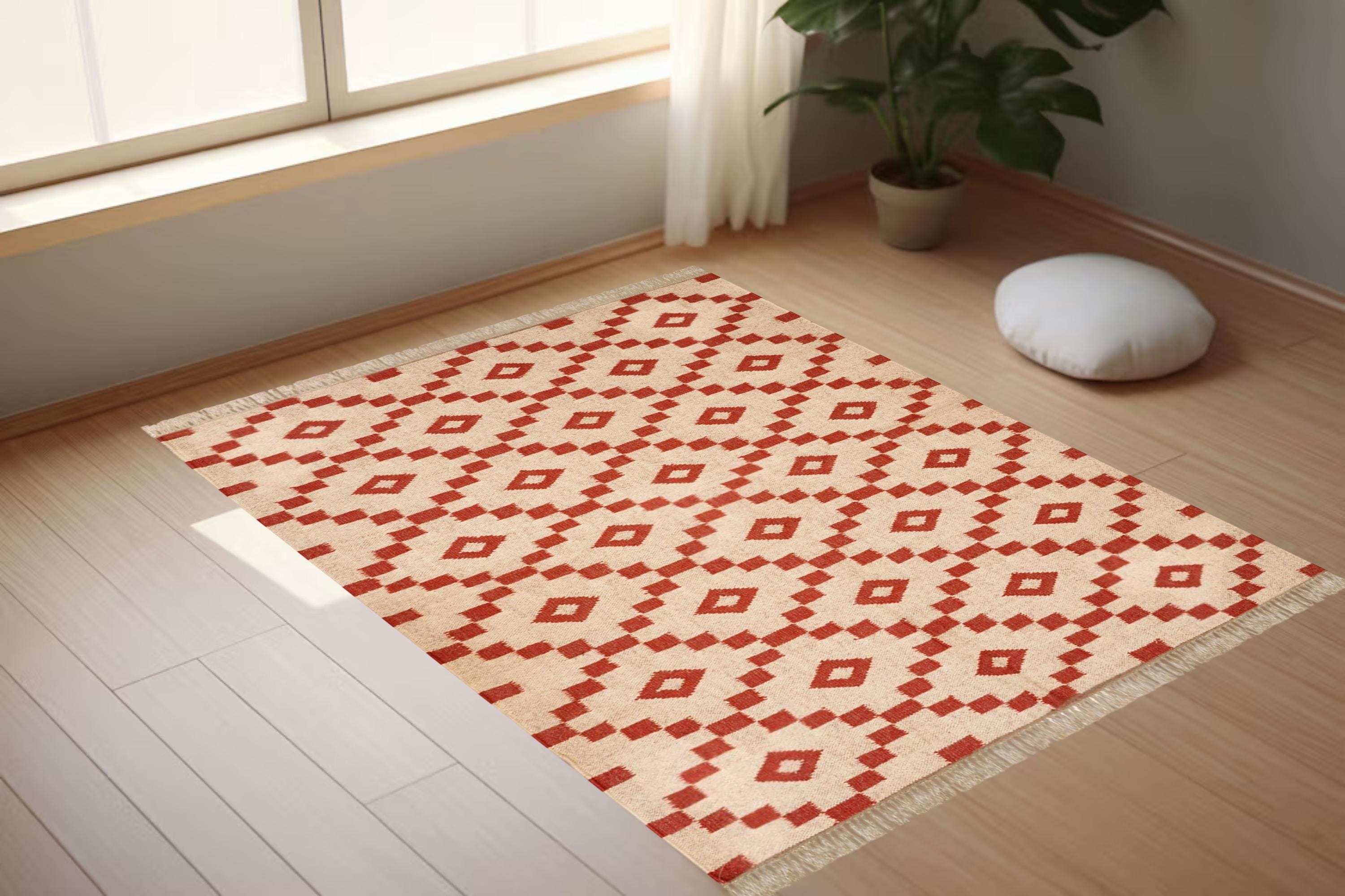 Peruvian Wool Rug, Jute Area Rug, Vintage Kilim Pattern, Handmade Dhurrie Rug, Southwestern Navajo Carpet, Indian Fusion Rug
