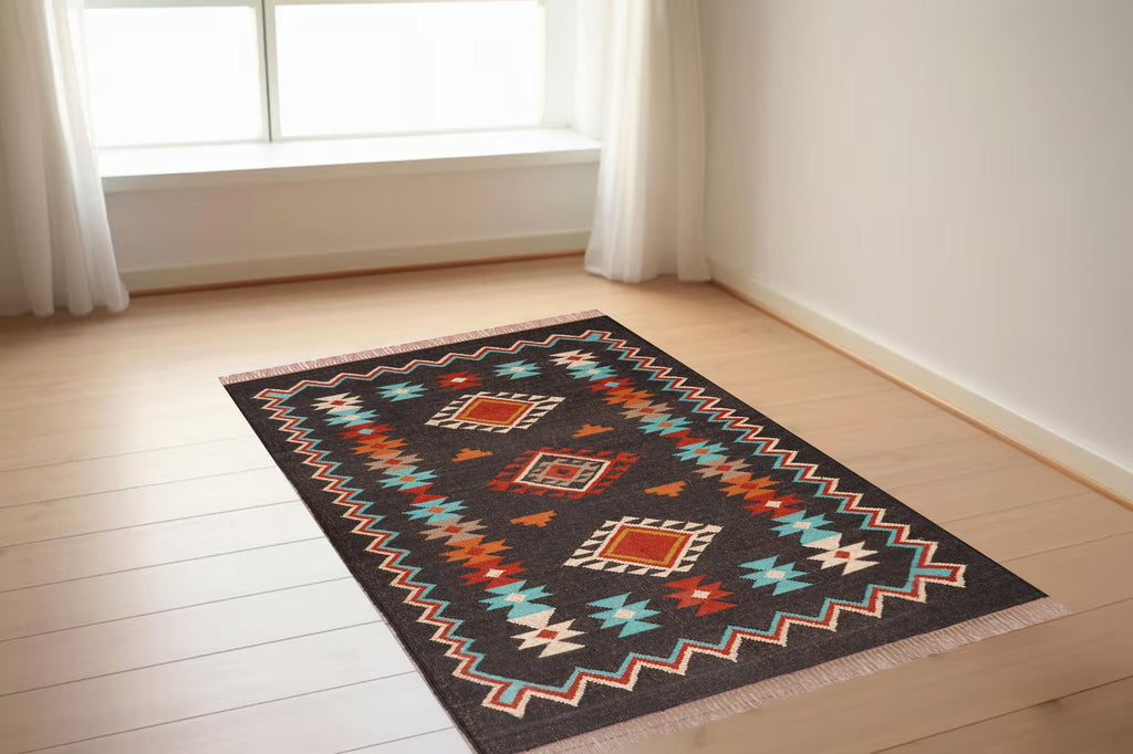 Wool Jute Kilim Rug, Vintage Dhurrie Rug, Handwoven Indian Rug, Traditional Area Rug, Handmade Jute Carpet, Flatweave Rug