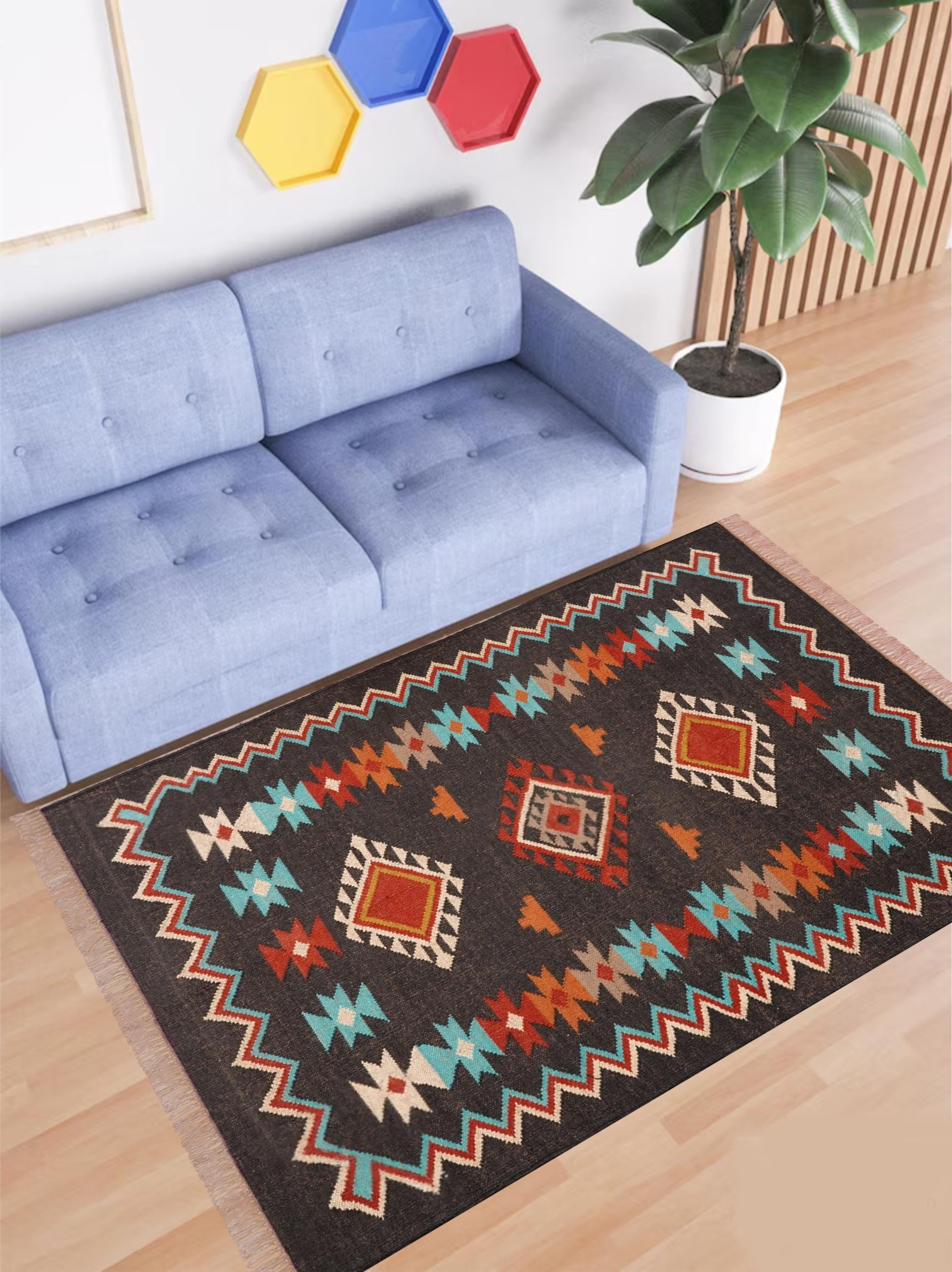 Wool Jute Kilim Rug, Vintage Dhurrie Rug, Handwoven Indian Rug, Traditional Area Rug, Handmade Jute Carpet, Flatweave Rug