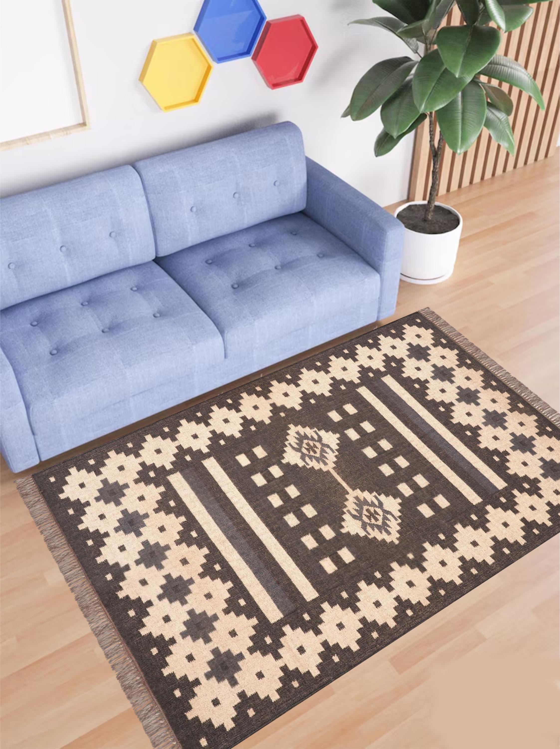 Wool Jute Kilim Rug, Handwoven Jute Rug Flatweave Dhurrie Rug, Bohemian Area Rug, Indian Kilim Carpet, Navajo Custom Rug