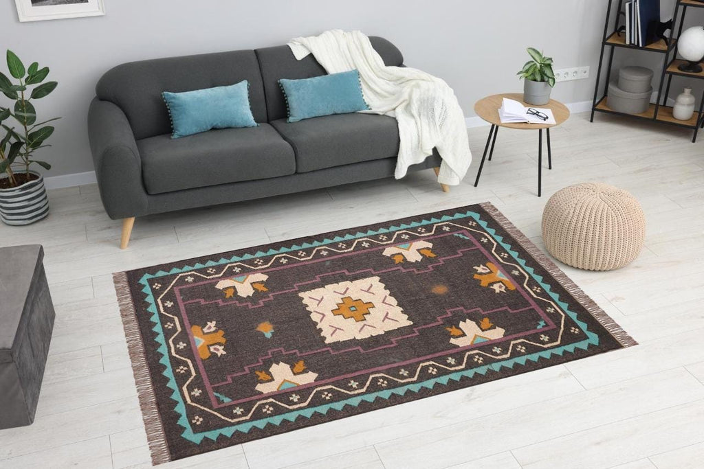 Handmade Jute Rug, Kilim Wool Rug, Multicolor Area Carpet, Eco-Friendly Dhurrie, Living Room Rug, 5x8 Home Decor Rug