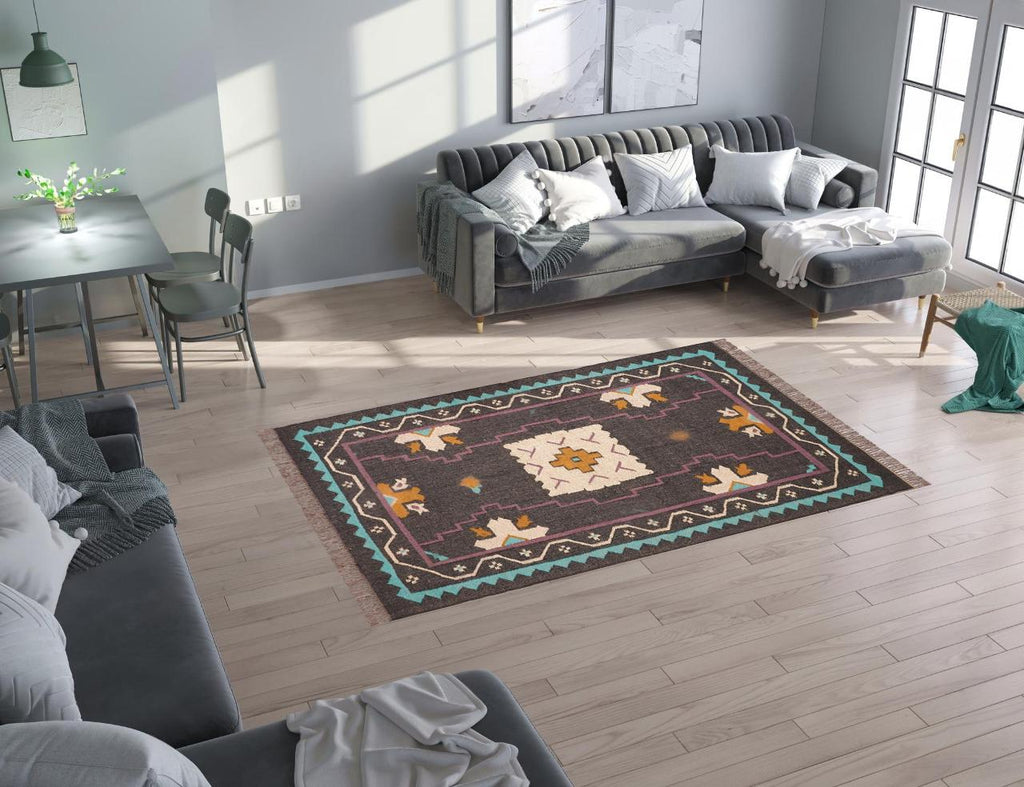 Handmade Jute Rug, Kilim Wool Rug, Multicolor Area Carpet, Eco-Friendly Dhurrie, Living Room Rug, 5x8 Home Decor Rug