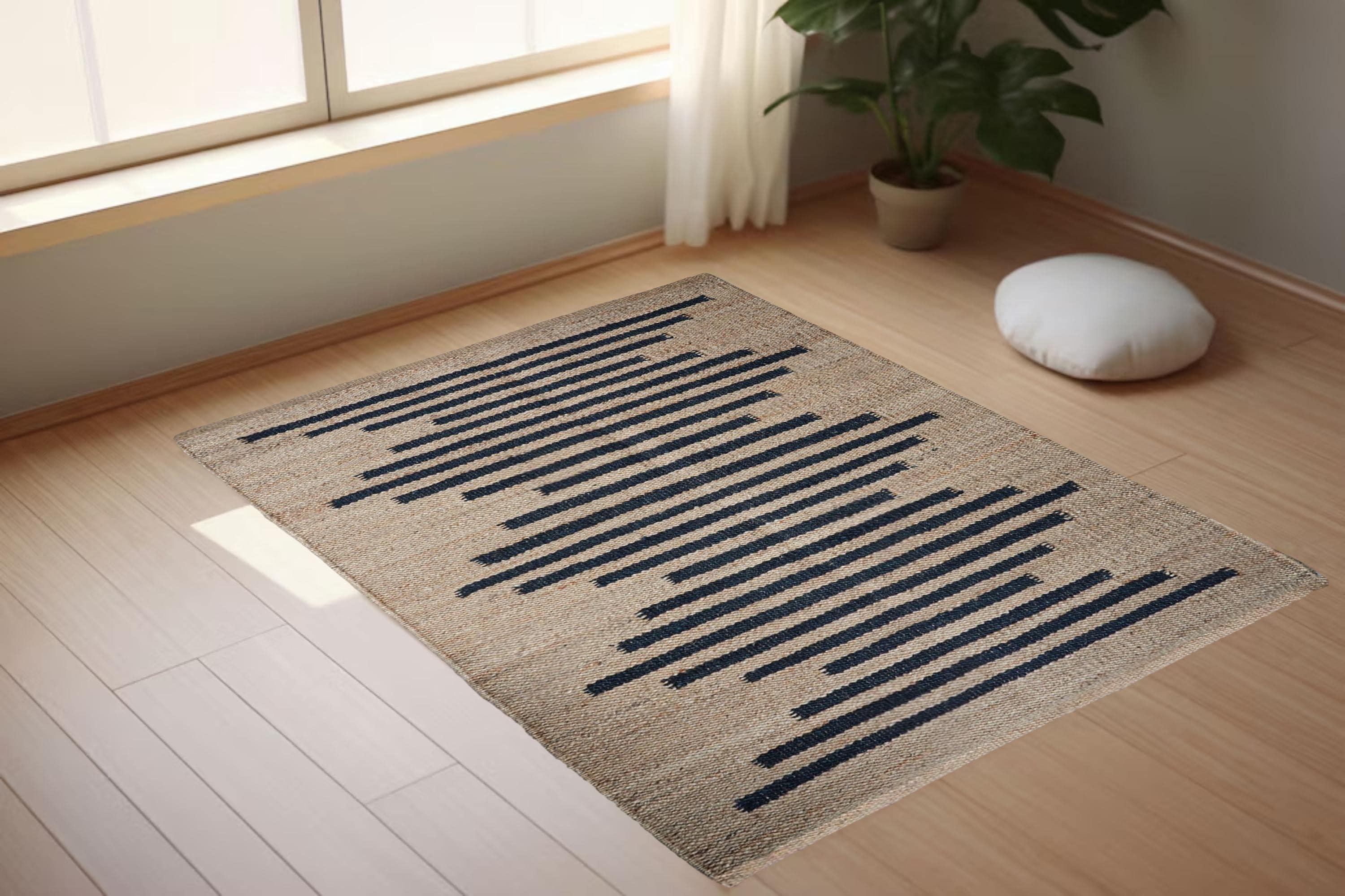 Jute Hemp Area Rug, Black Stripes Rug, Custom Size Bohemian Carpet, Handwoven Natural Fiber Rug, Home Decor Floor Rug, Eco Friendly Jute Rug
