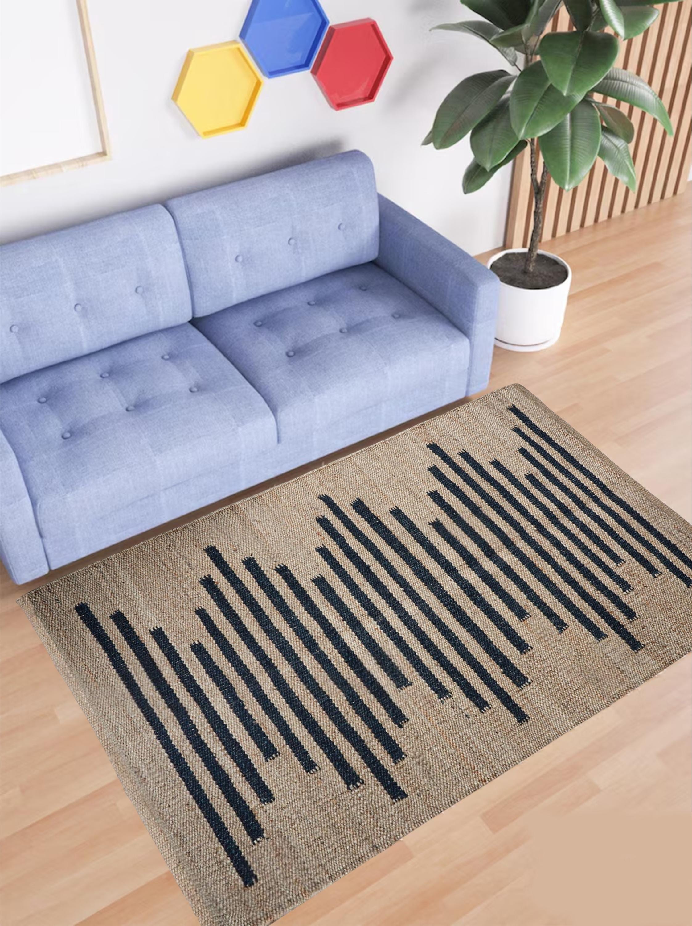 Jute Hemp Area Rug, Black Stripes Rug, Custom Size Bohemian Carpet, Handwoven Natural Fiber Rug, Home Decor Floor Rug, Eco Friendly Jute Rug