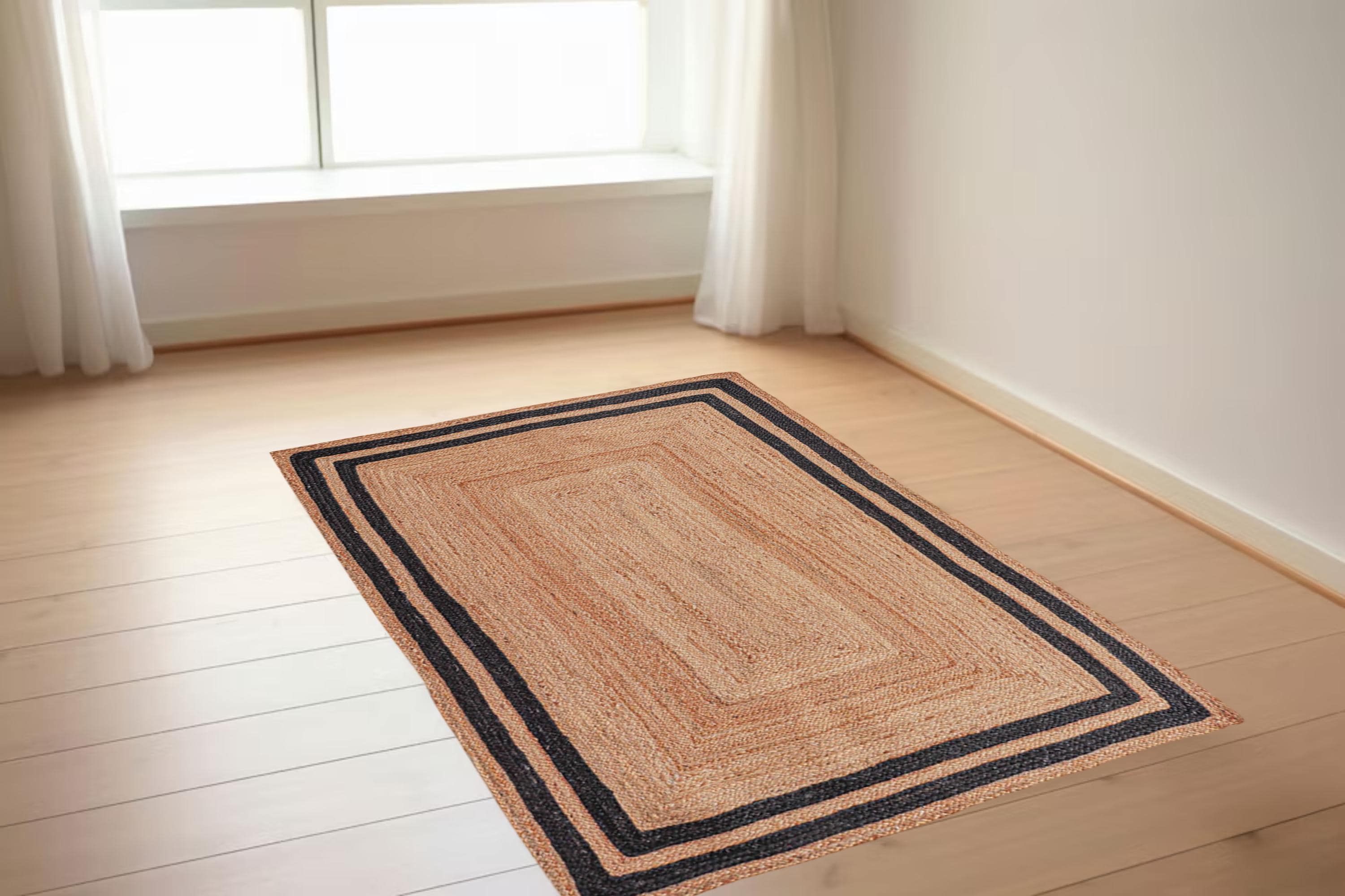 Hand Braided Jute Rug, Black Design Rug, Bohemian Area Rug, Natural Jute Runner, Custom Size Carpet, Decorative Rag Rug, Handmade Floor Rug