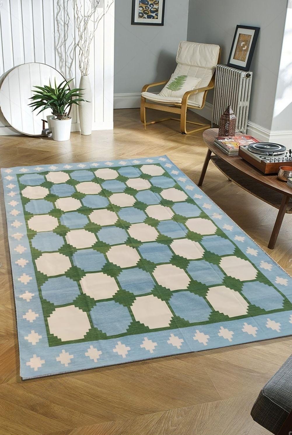 Green Blue Scandinavian Design rug, 9x12 ft Home Décor Boho Area Rug, Flat Weave panja Dhurrie Rug, Cotton Reversible Rug, indian rugs