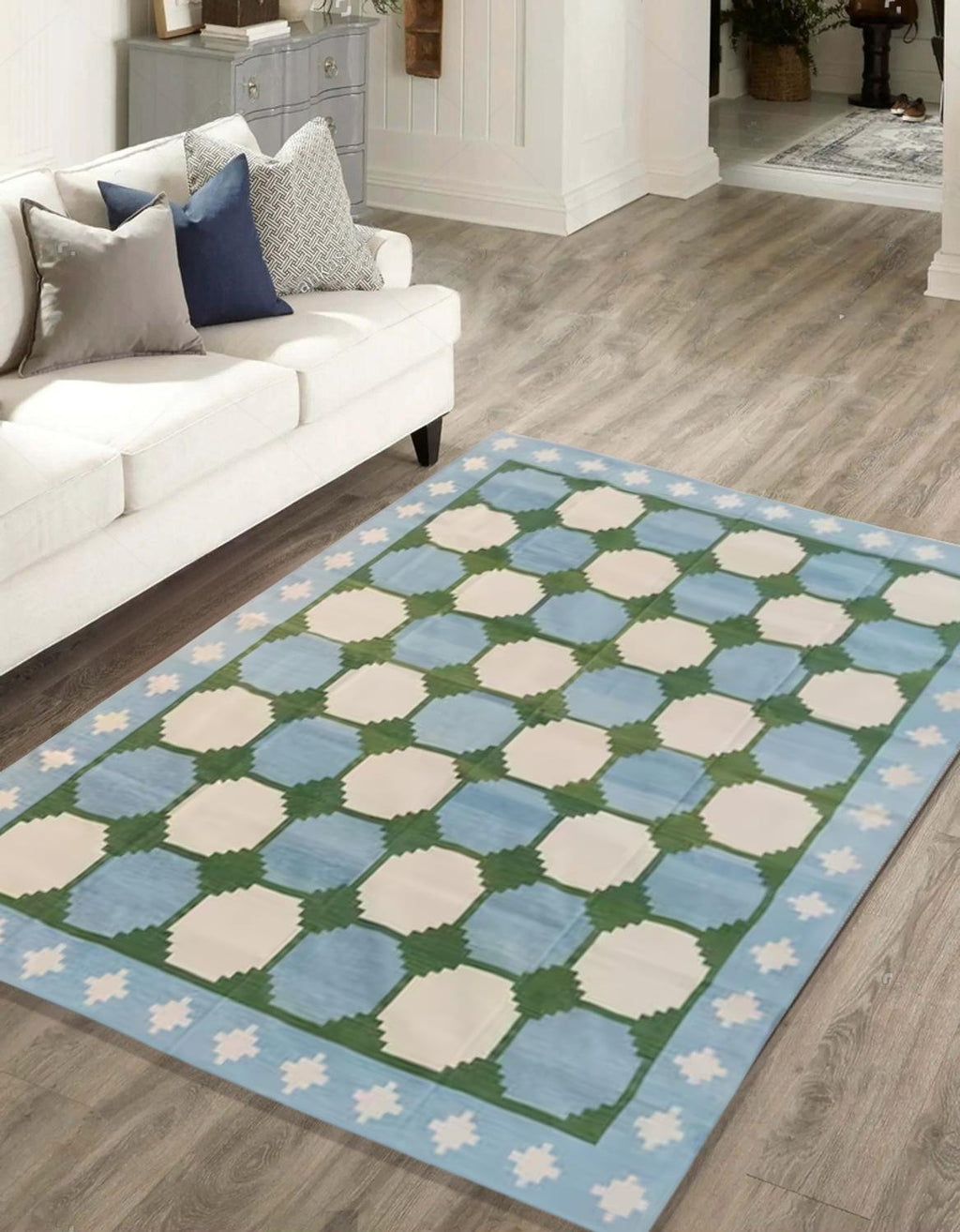 Green Blue Scandinavian Design rug, 9x12 ft Home Décor Boho Area Rug, Flat Weave panja Dhurrie Rug, Cotton Reversible Rug, indian rugs