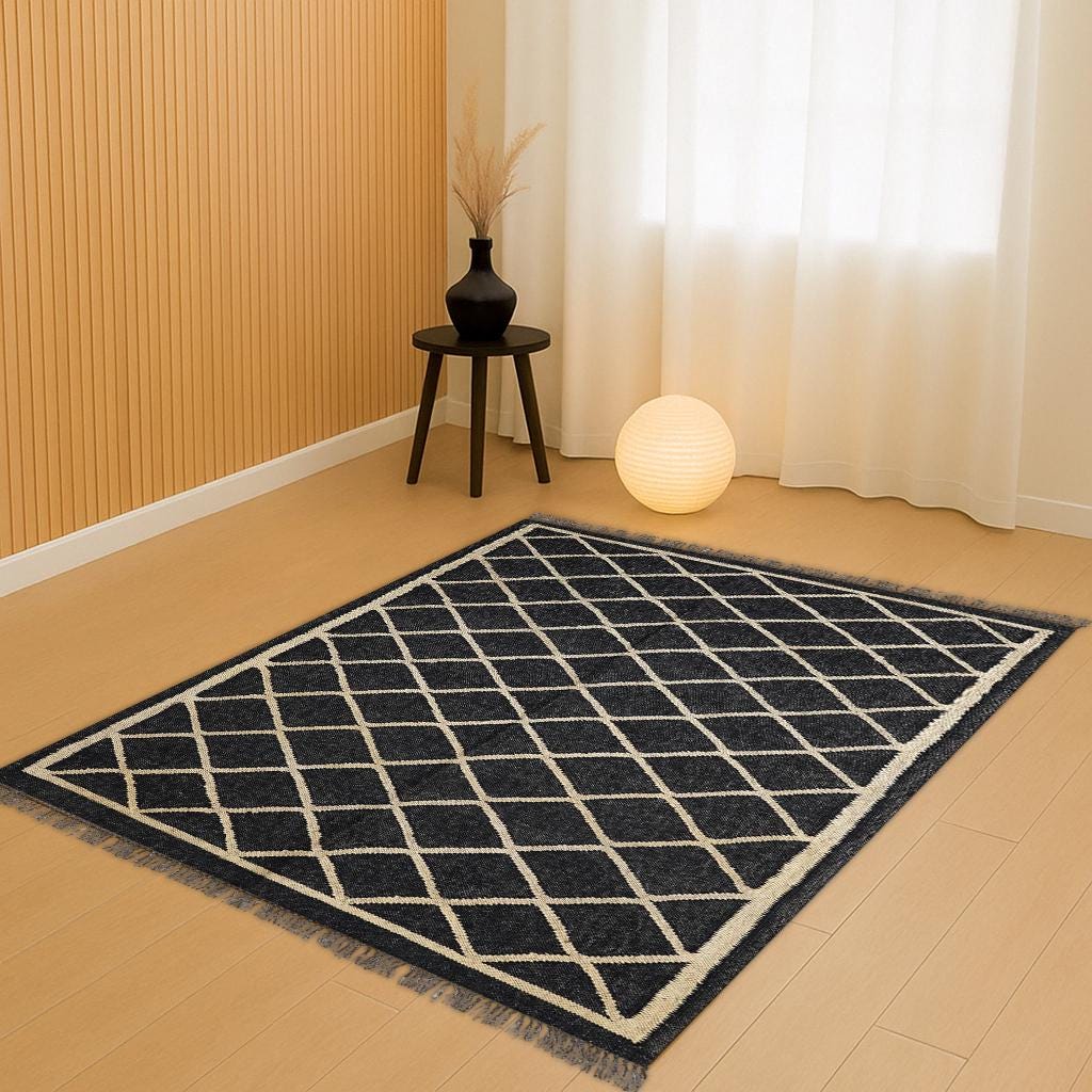 Kilim Rug, Handwoven, Wool and Jute Rug Handmade, KILIM Rug In Black And Beige Design,Handwoven Wool Jute Kilim Rug Wool Jute Rug