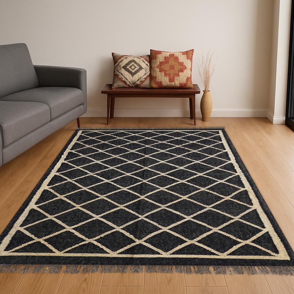 Kilim Rug, Handwoven, Wool and Jute Rug Handmade, KILIM Rug In Black And Beige Design,Handwoven Wool Jute Kilim Rug Wool Jute Rug