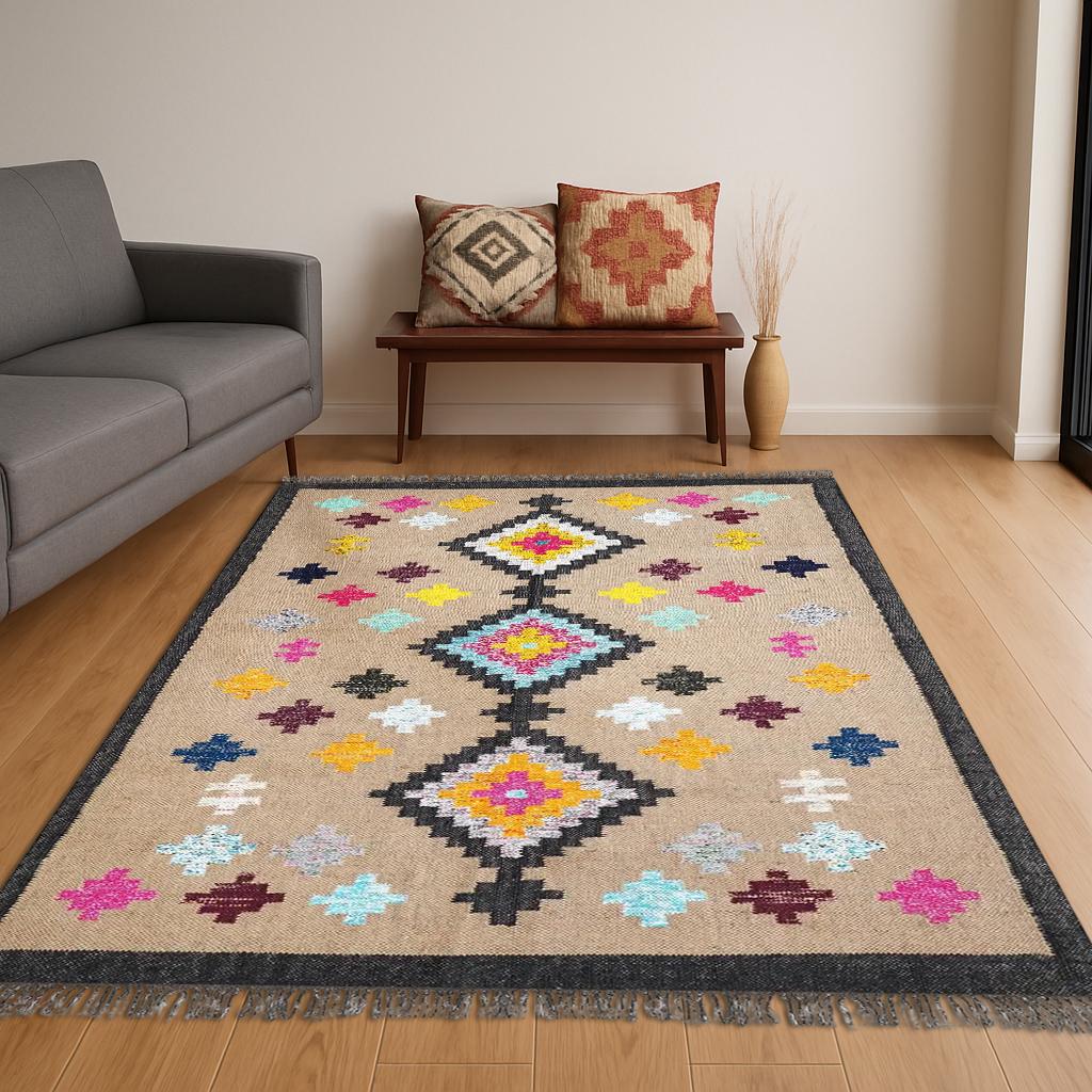 Wool Jute Kilim Rug, Multicolor Dhurrie Rug, Handmade Boho Rug, Indian Vintage Rug, Eco Friendly Area Rug, Handwoven Home Decor Rug