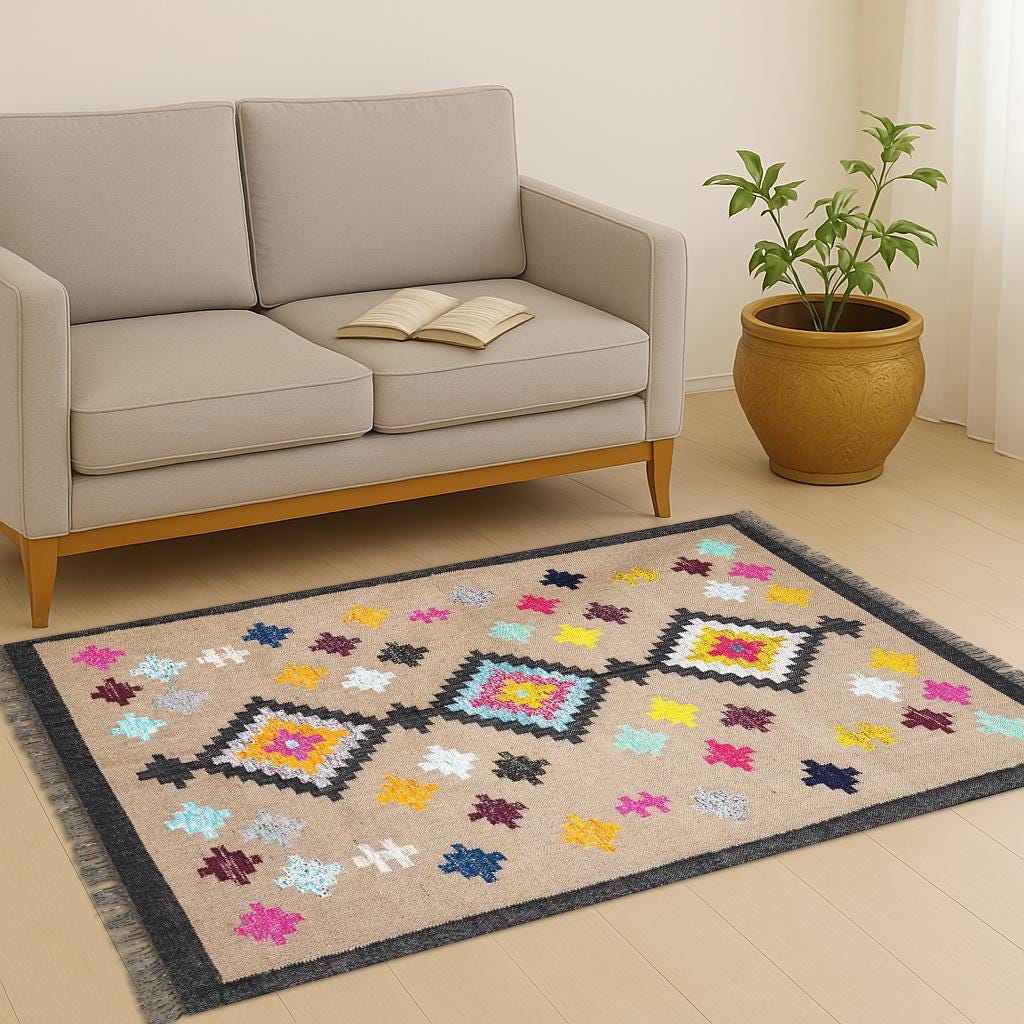 Wool Jute Kilim Rug, Multicolor Dhurrie Rug, Handmade Boho Rug, Indian Vintage Rug, Eco Friendly Area Rug, Handwoven Home Decor Rug