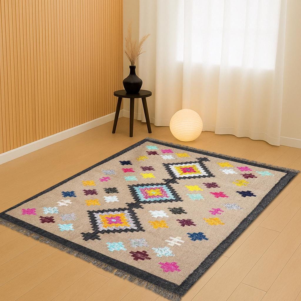 Wool Jute Kilim Rug, Multicolor Dhurrie Rug, Handmade Boho Rug, Indian Vintage Rug, Eco Friendly Area Rug, Handwoven Home Decor Rug