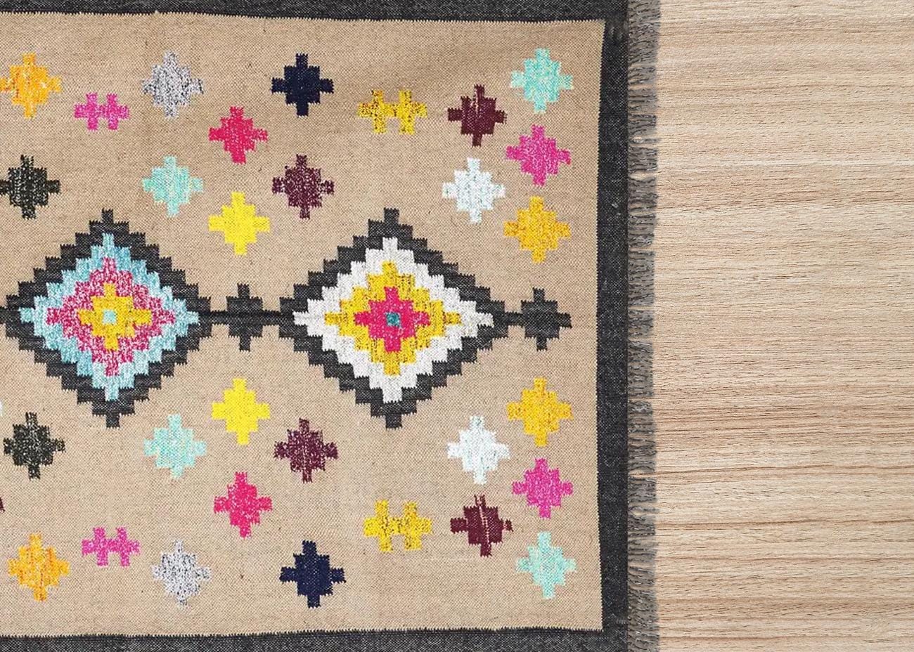 Wool Jute Kilim Rug, Multicolor Dhurrie Rug, Handmade Boho Rug, Indian Vintage Rug, Eco Friendly Area Rug, Handwoven Home Decor Rug