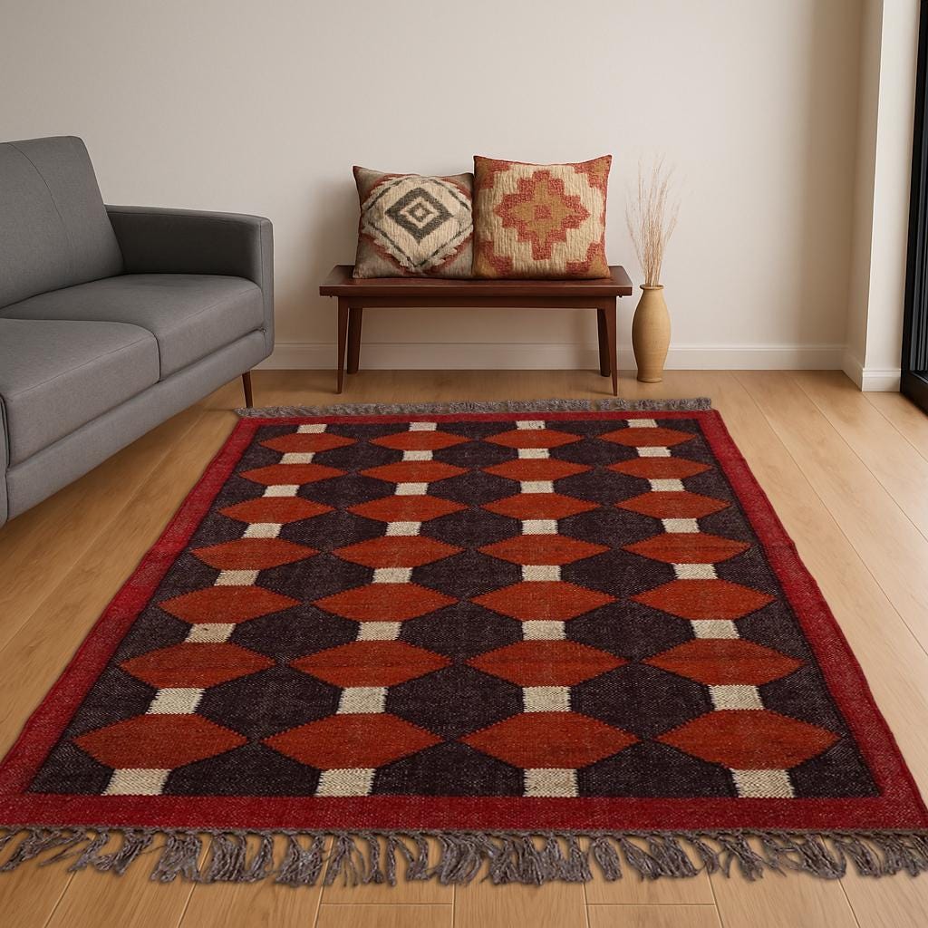 Handwoven Dark Brown and Red Jute Kilim Rug Collection - Traditional Indian Dhurrie and Navajo Styles Available