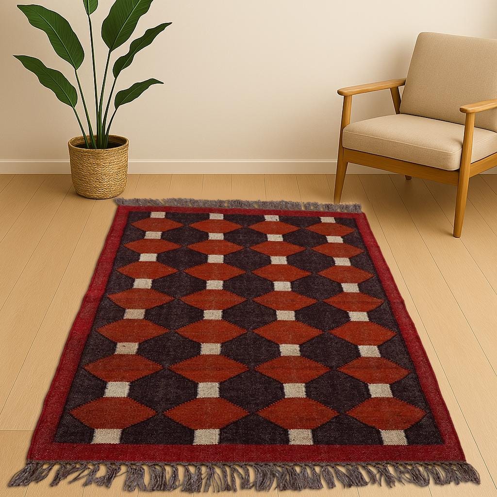 Handwoven Dark Brown and Red Jute Kilim Rug Collection - Traditional Indian Dhurrie and Navajo Styles Available