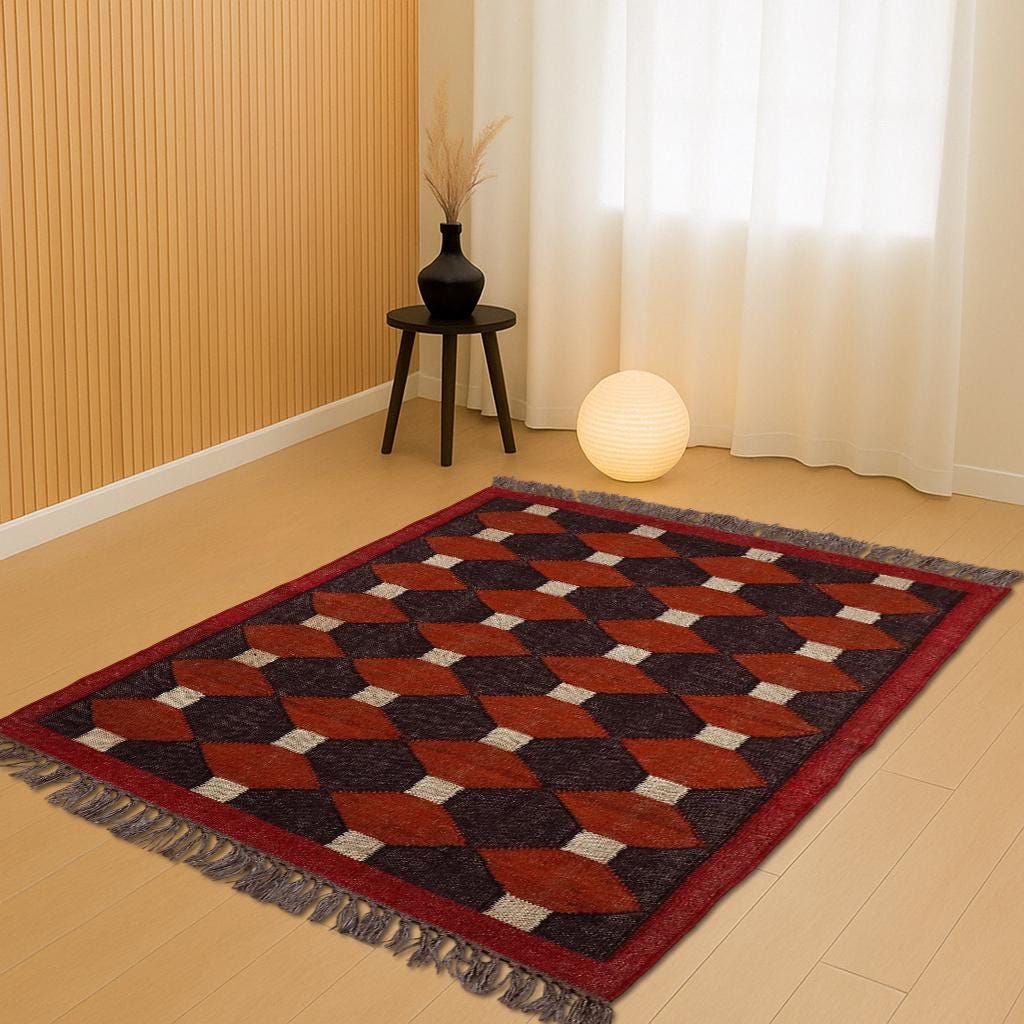 Handwoven Dark Brown and Red Jute Kilim Rug Collection - Traditional Indian Dhurrie and Navajo Styles Available