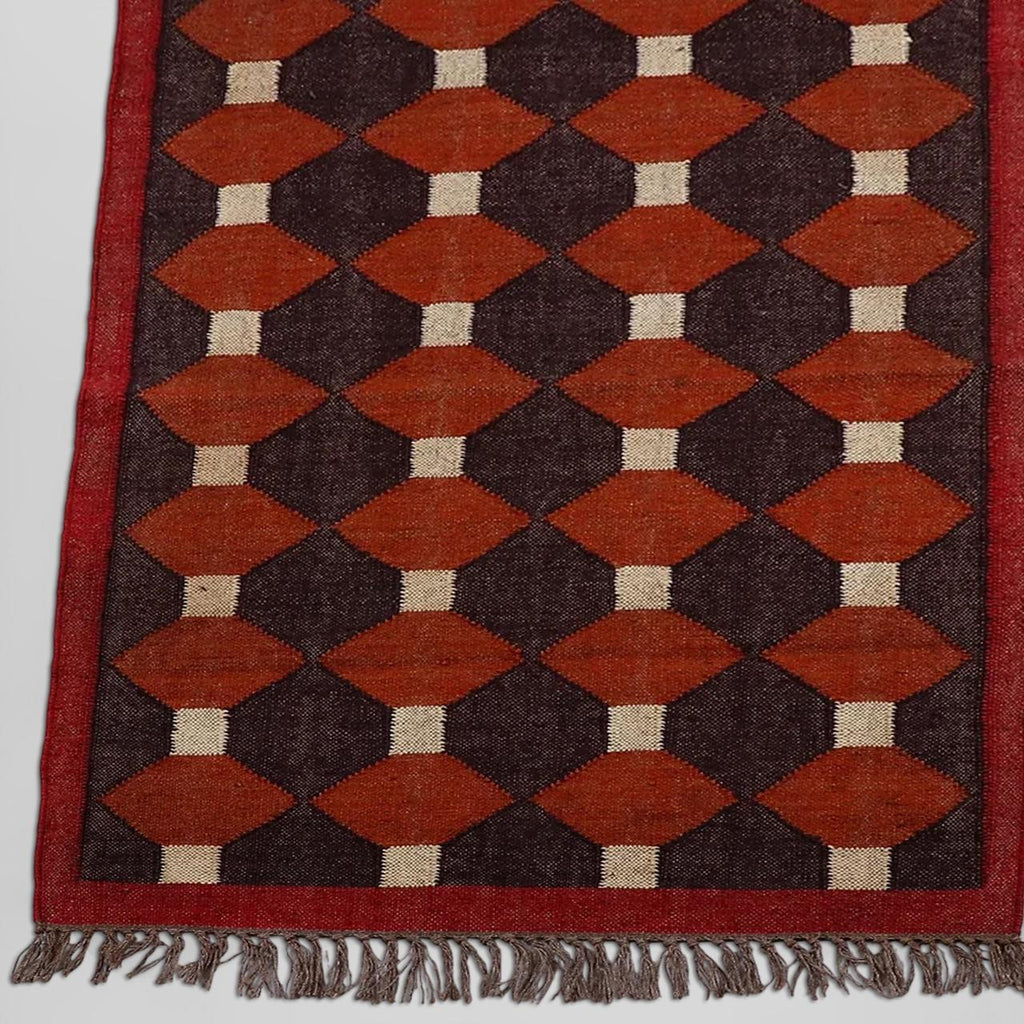 Handwoven Dark Brown and Red Jute Kilim Rug Collection - Traditional Indian Dhurrie and Navajo Styles Available