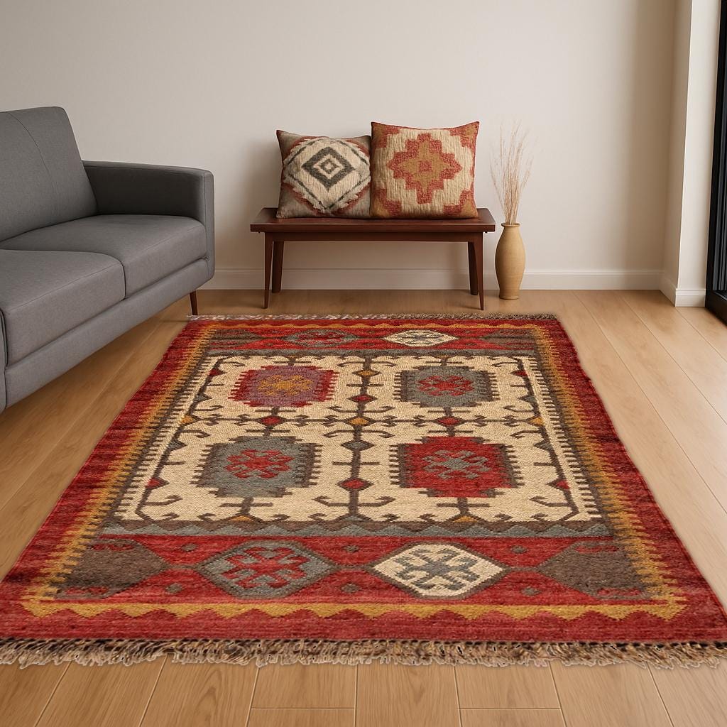 Vintage Wool Jute Kilim Rug, Wool and Jute Rug Handmade,4x6 Kilim Rug/ Oriental Rug/ Aztec Rug/ Bohemian Kilim Rug/ Indian jute Area rug
