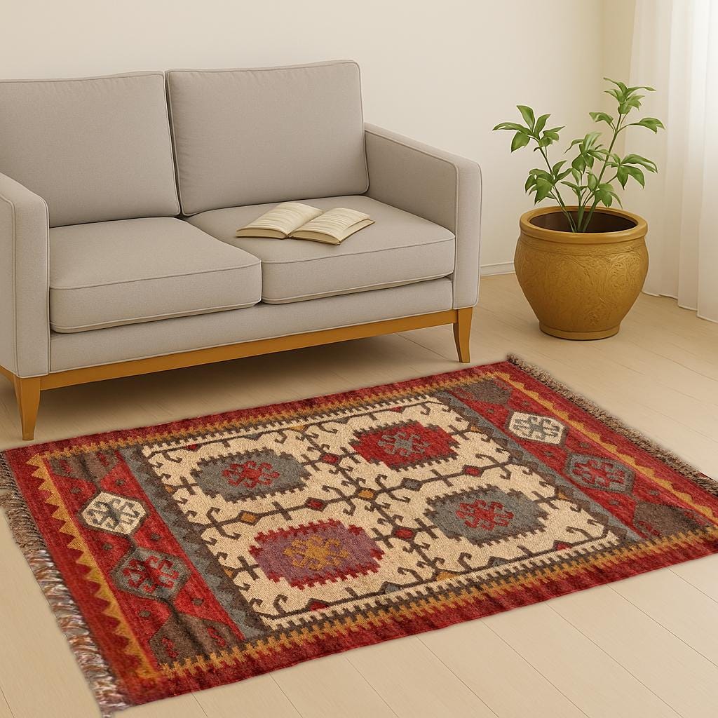 Vintage Wool Jute Kilim Rug, Wool and Jute Rug Handmade,4x6 Kilim Rug/ Oriental Rug/ Aztec Rug/ Bohemian Kilim Rug/ Indian jute Area rug