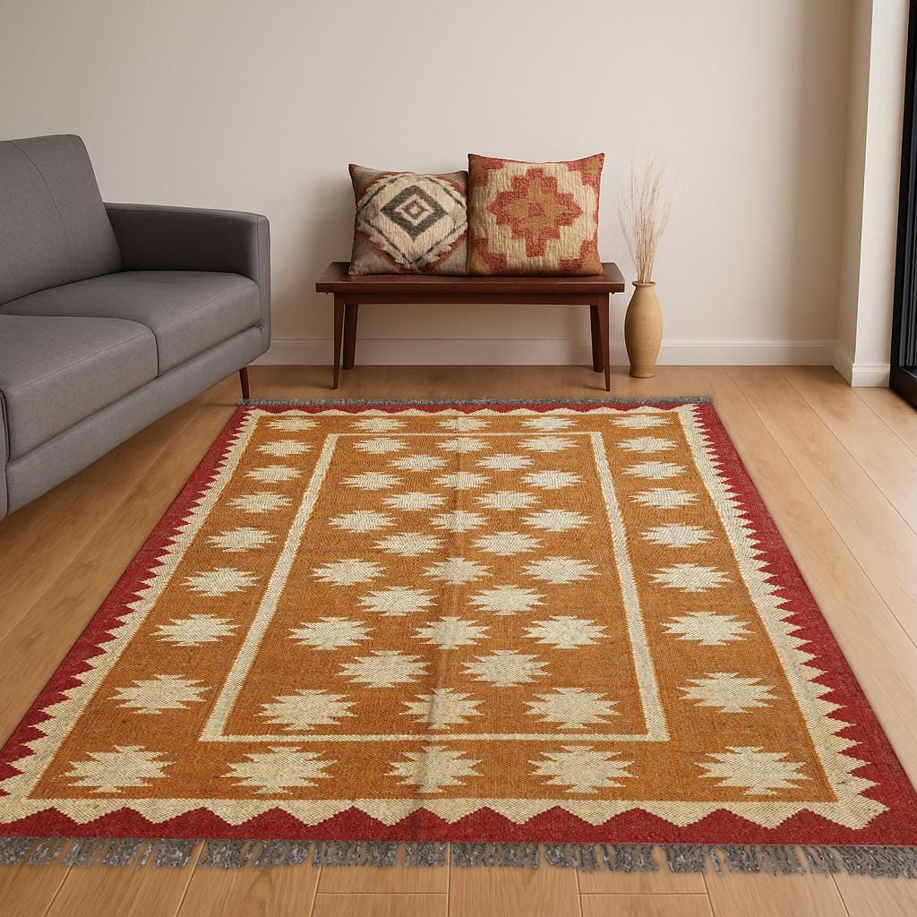 5x8 Area Kilim Rug, 5x8 Wool Jute Flatweave Rug, Handmade Boho Rug, Indian Dhurrie Carpet, Aztec Kilim Rug, Navajo Style Custom Rug