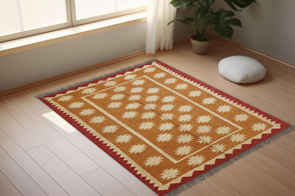 5x8 Area Kilim Rug, 5x8 Wool Jute Flatweave Rug, Handmade Boho Rug, Indian Dhurrie Carpet, Aztec Kilim Rug, Navajo Style Custom Rug