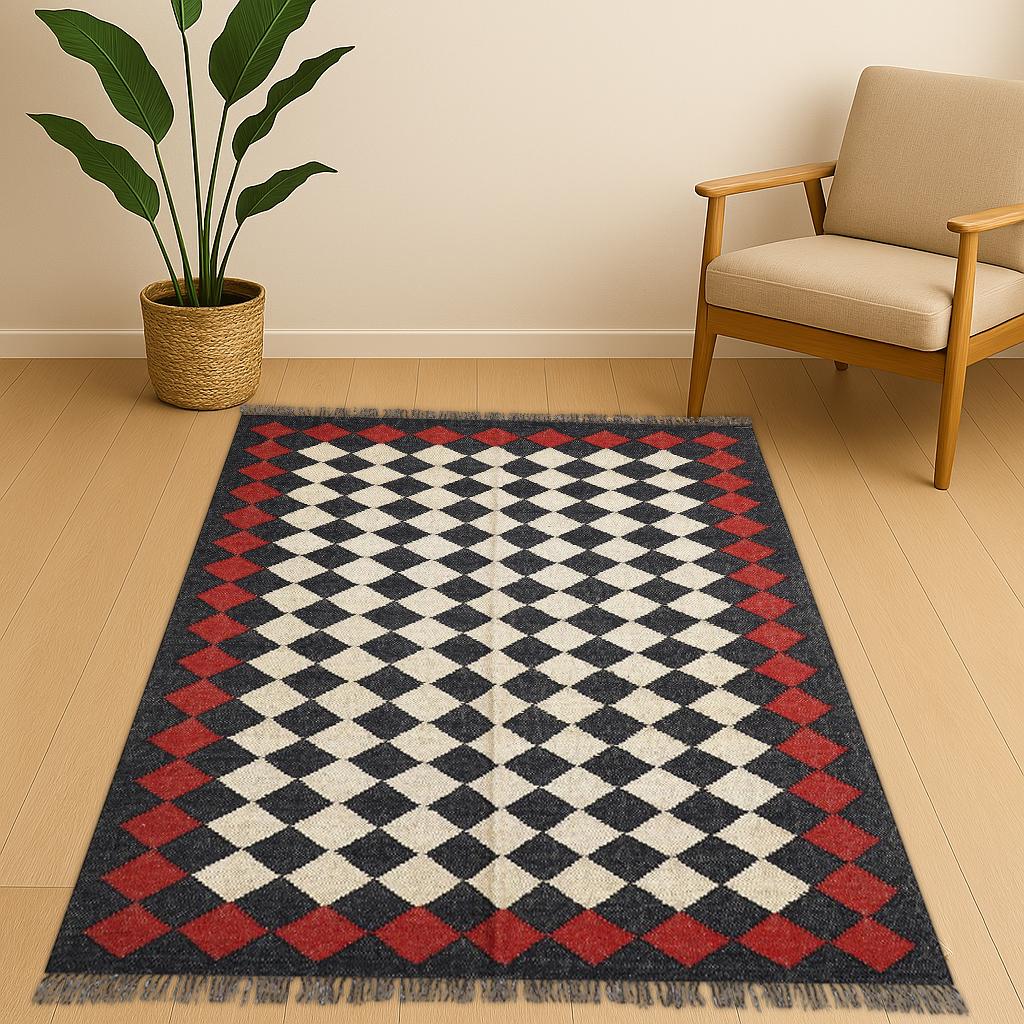 Large Black Kilim Rug, Handmade Wool Jute Rug, Handwoven Dhurrie Carpet, Geometric Oriental Rug, Traditional Black Indian Kilim