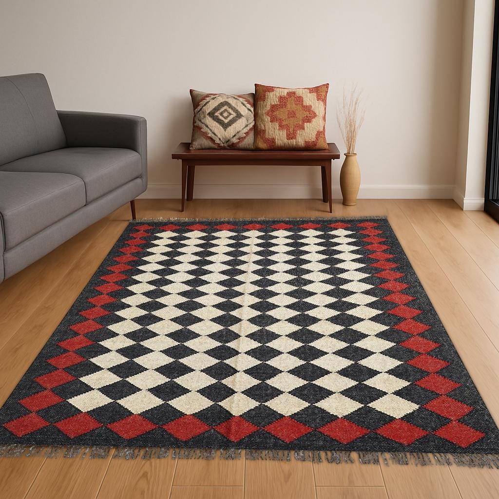 Large Black Kilim Rug, Handmade Wool Jute Rug, Handwoven Dhurrie Carpet, Geometric Oriental Rug, Traditional Black Indian Kilim