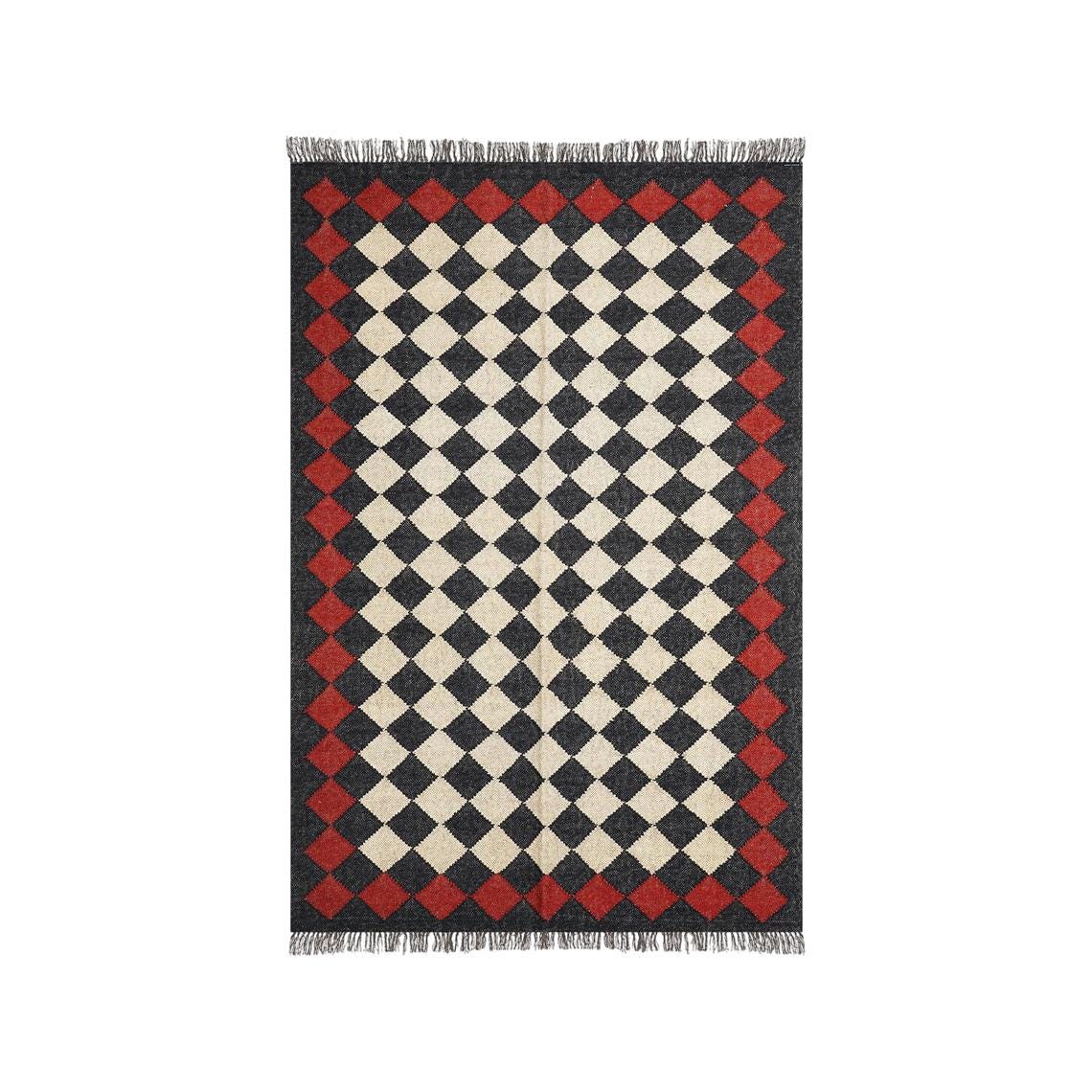 Large Black Kilim Rug, Handmade Wool Jute Rug, Handwoven Dhurrie Carpet, Geometric Oriental Rug, Traditional Black Indian Kilim