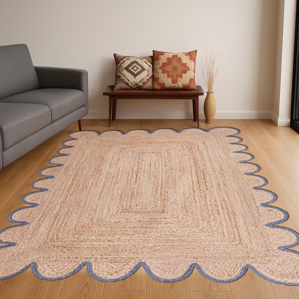 Scalloped Jute Rug, Bohemian Wave Edge Rug, Natural Jute Area Rug, Rectangular Jute Carpet, Custom Size Rug, Handmade Floor Decor