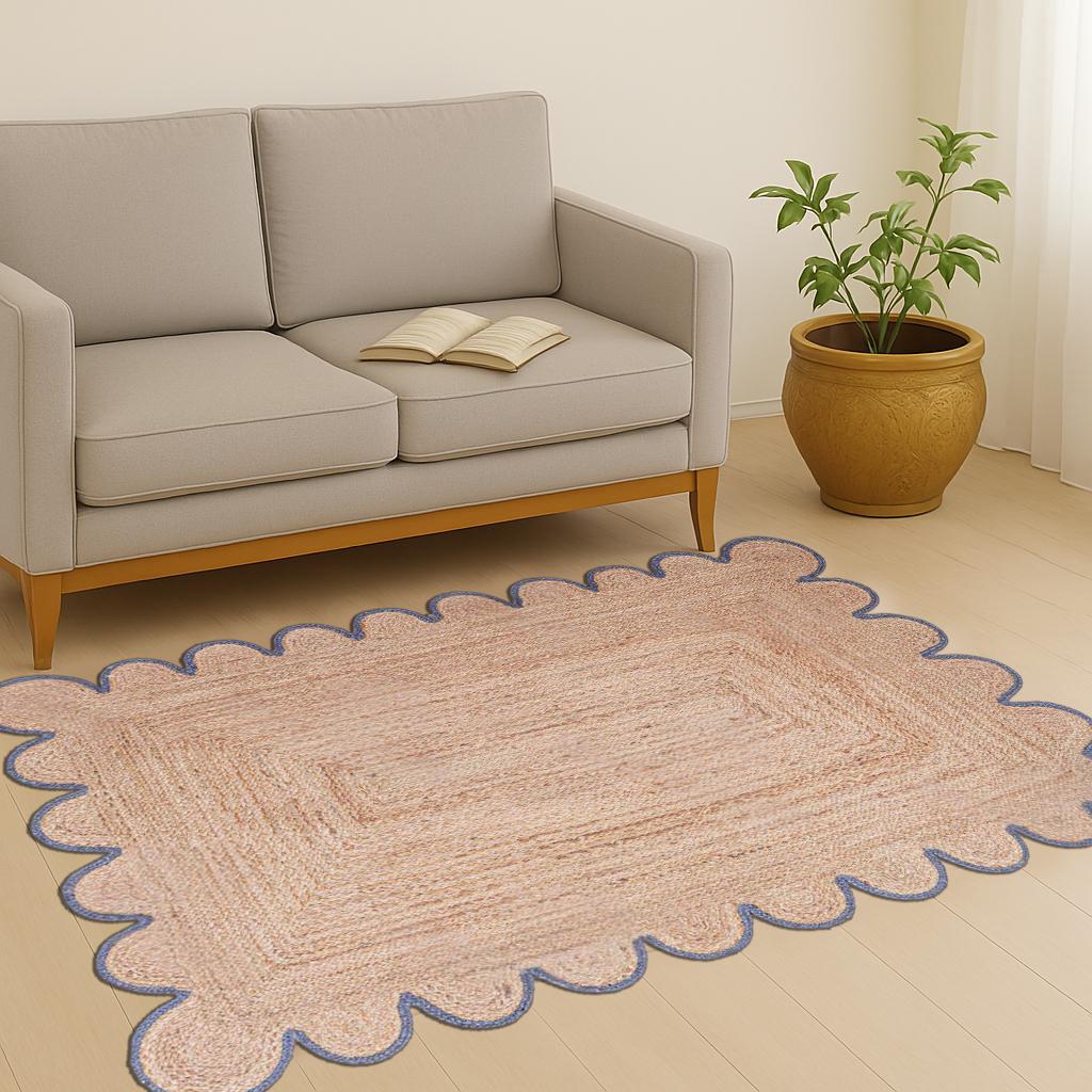 Scalloped Jute Rug, Bohemian Wave Edge Rug, Natural Jute Area Rug, Rectangular Jute Carpet, Custom Size Rug, Handmade Floor Decor