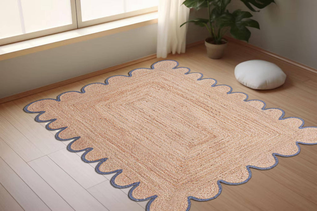 Scalloped Jute Rug, Bohemian Wave Edge Rug, Natural Jute Area Rug, Rectangular Jute Carpet, Custom Size Rug, Handmade Floor Decor