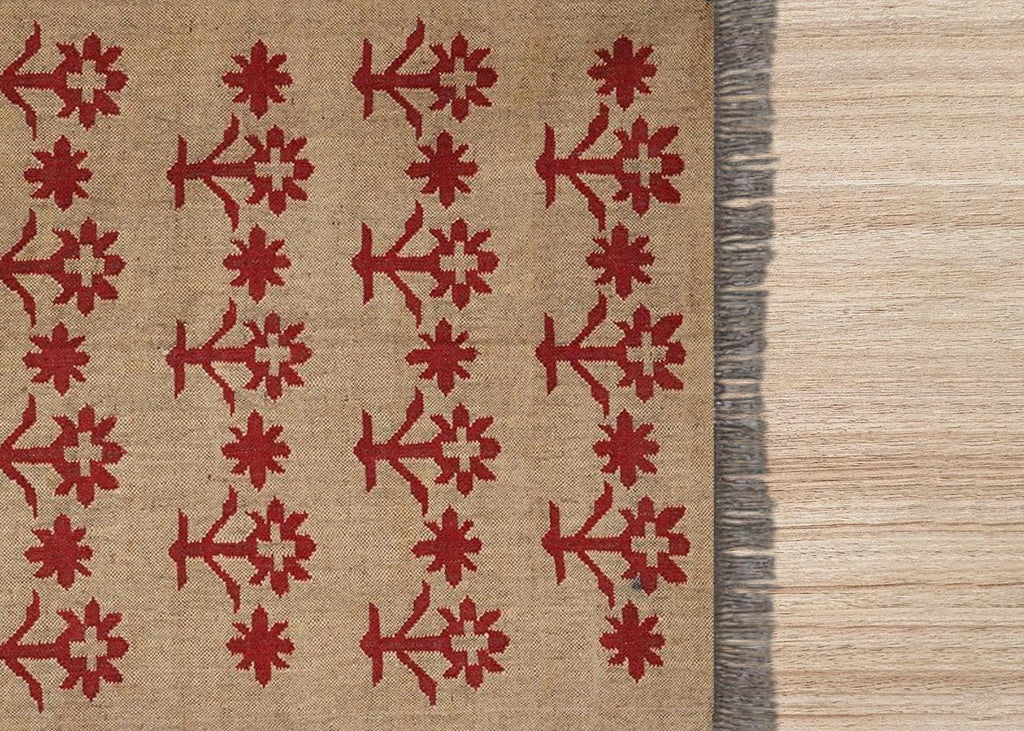 Jute Cotton Rug, Beige Boho Rug, Handwoven Floral Rug, Red Flower Area Rug, Natural Nordic Rug, Moroccan Style Rug, Bohemian Decor Rug
