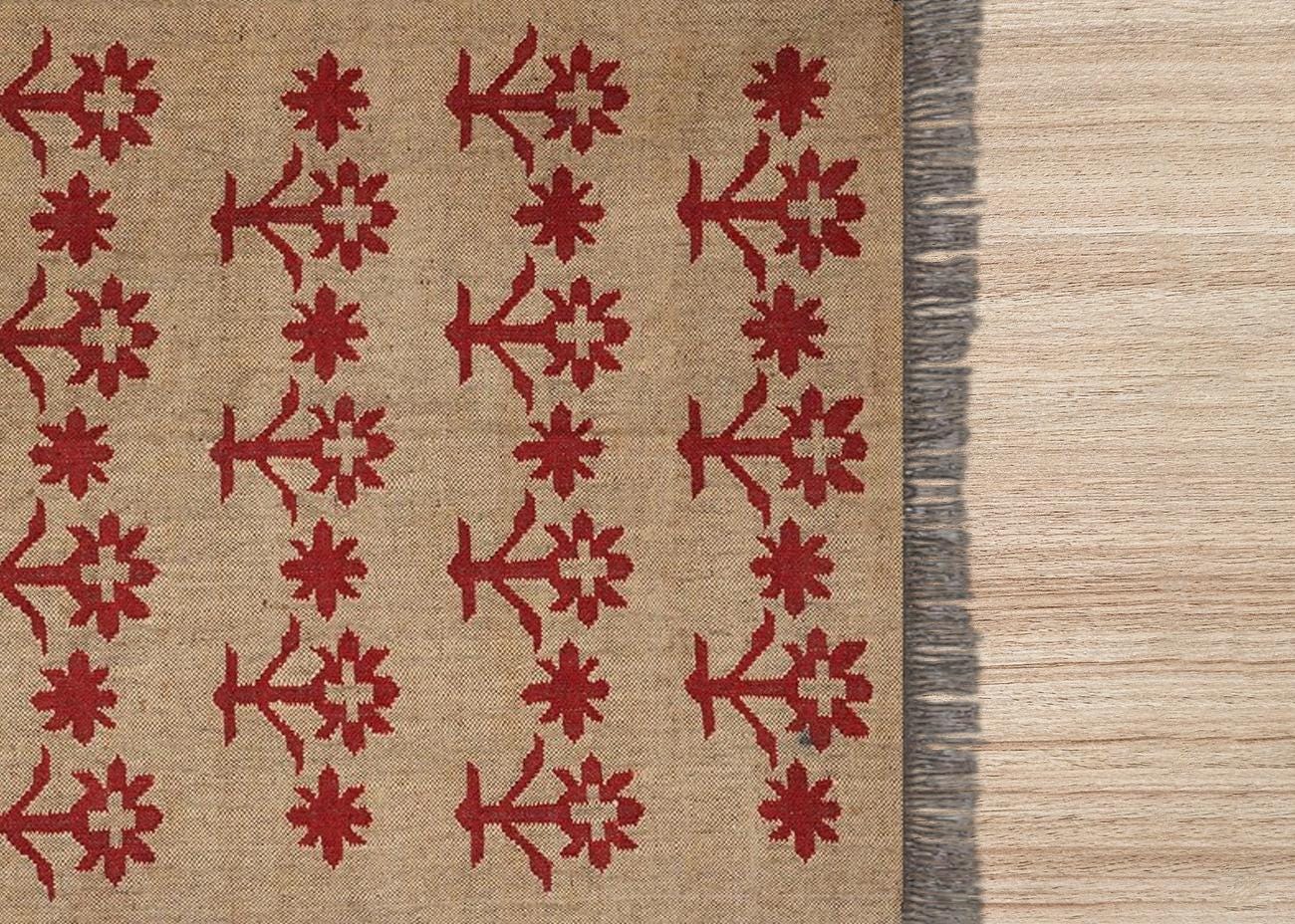 Jute Cotton Rug, Beige Boho Rug, Handwoven Floral Rug, Red Flower Area Rug, Natural Nordic Rug, Moroccan Style Rug, Bohemian Decor Rug