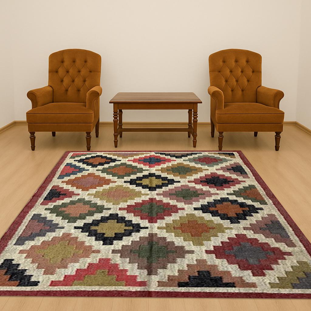Handmade Jute Kilim Rug Large Wool & Jute Dhurrie Rug with Oriental Motifs Handwoven Wool Rug
