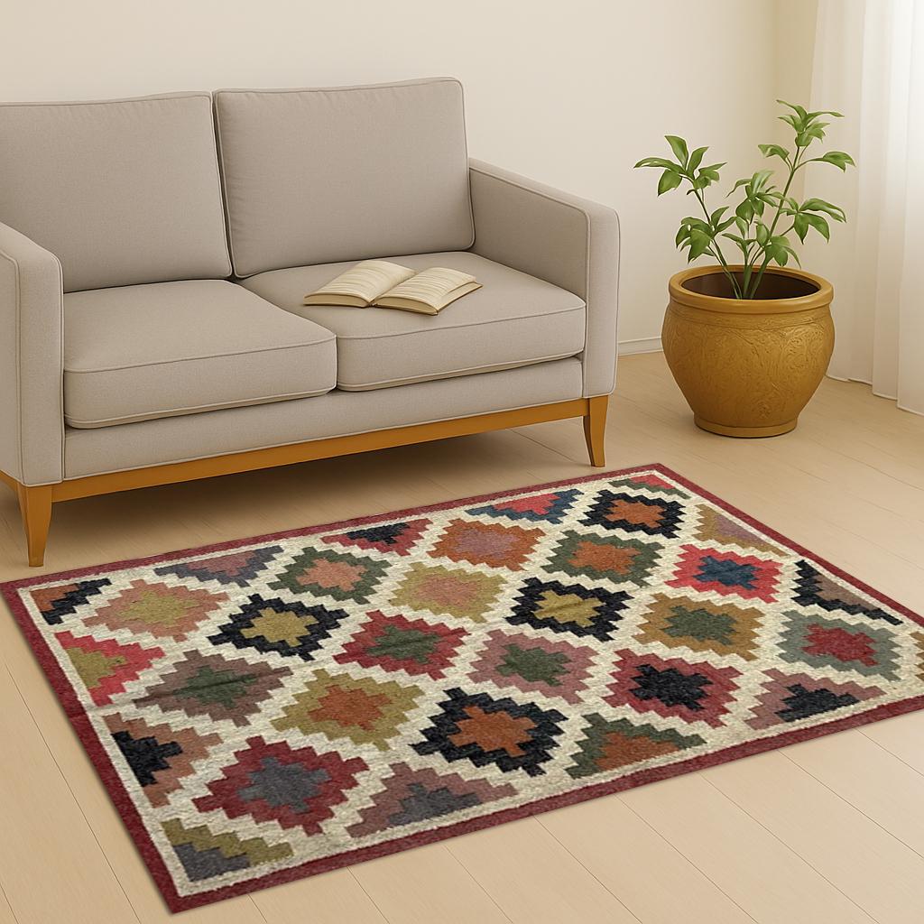 Handmade Jute Kilim Rug Large Wool & Jute Dhurrie Rug with Oriental Motifs Handwoven Wool Rug
