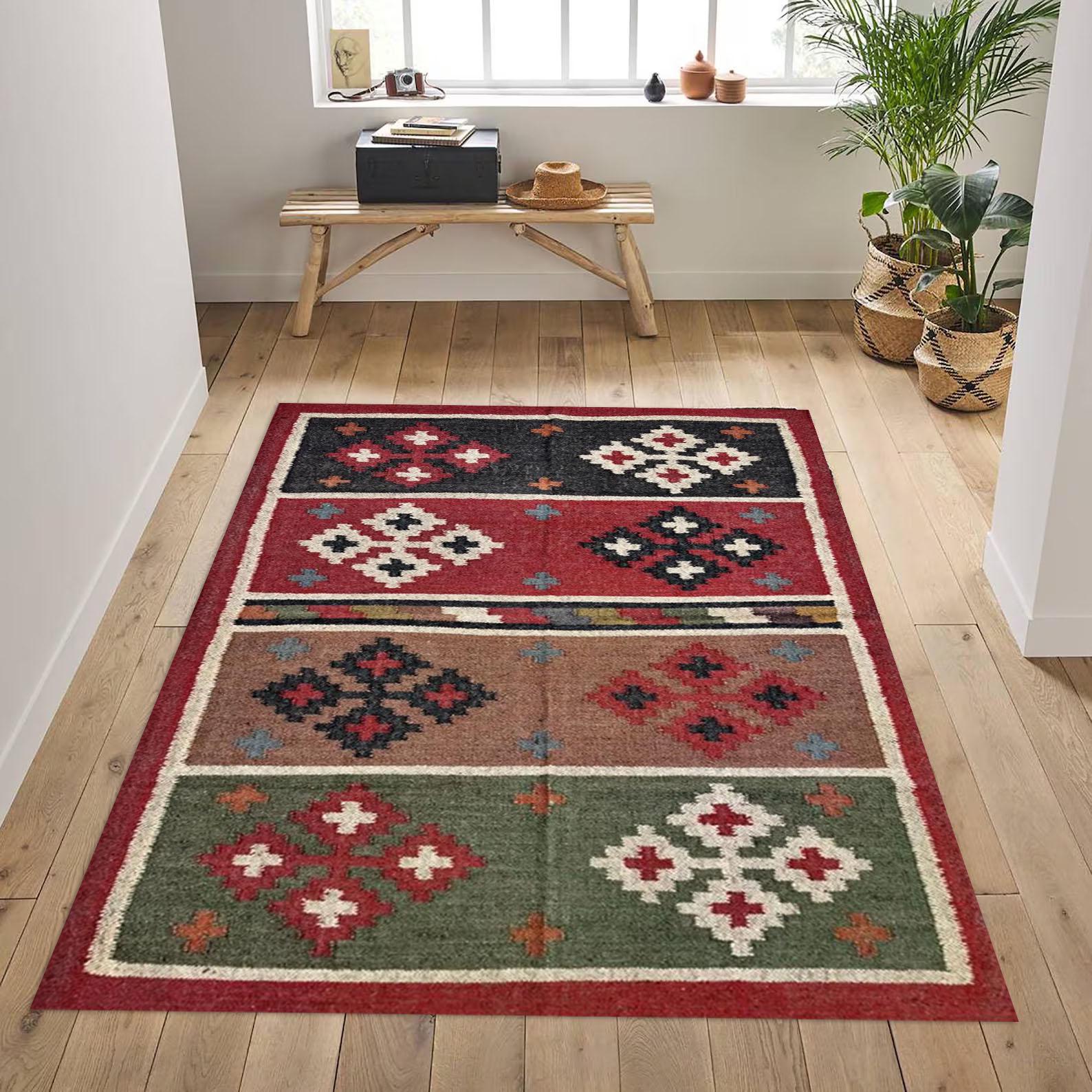 Jute Kilim Rug | Handwoven Wool & Natural Jute Flatweave Area Rug for Boho | Home Decor Living Room Decor | CarpetFor Hotel Decor