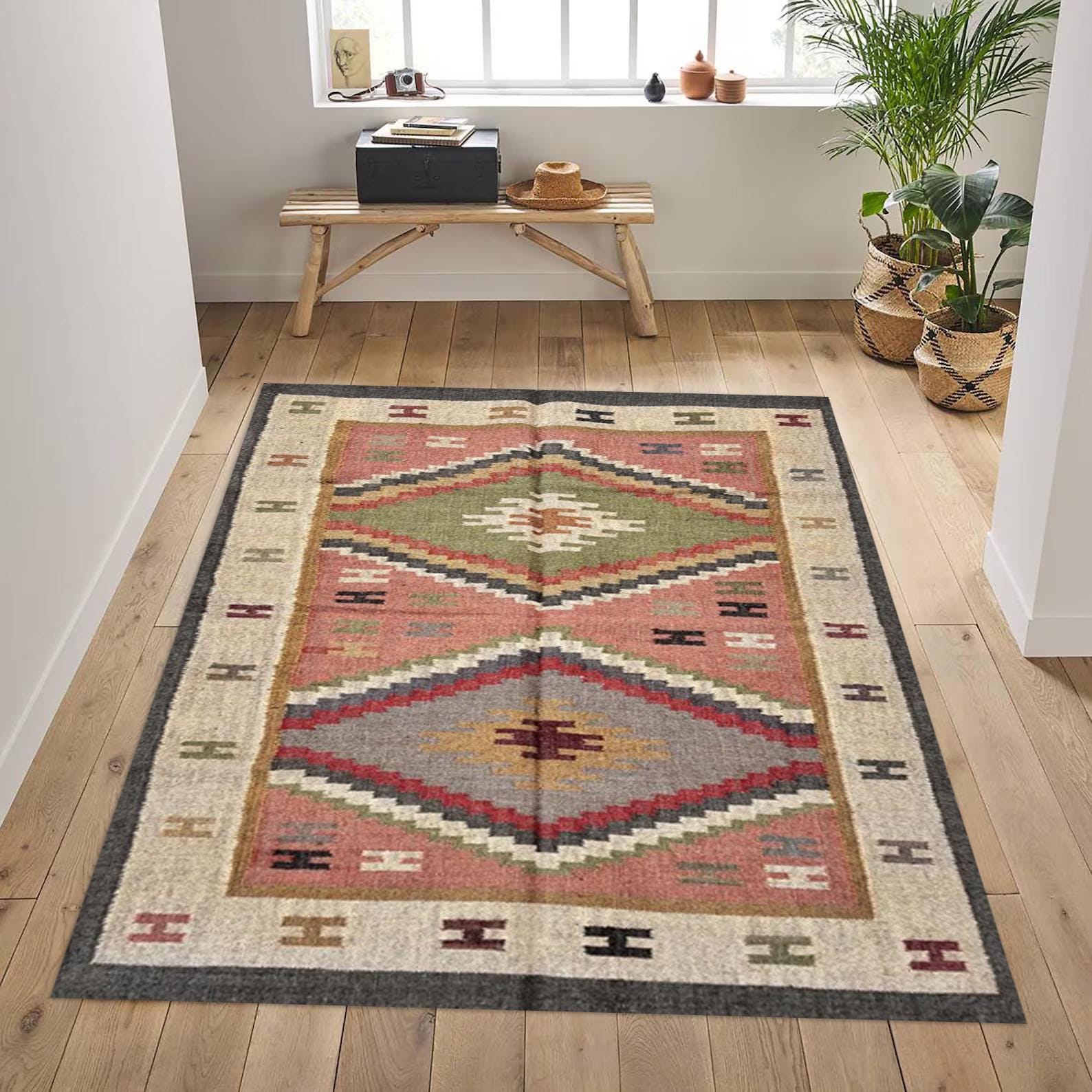 Jute Kilim Rug, 8x10 & 6x9 Area Rug, Wool Jute Flatweave Rug, Lightweight Natural Floor Decor Rug Vintage Carpet | Hotel Decor Carpet